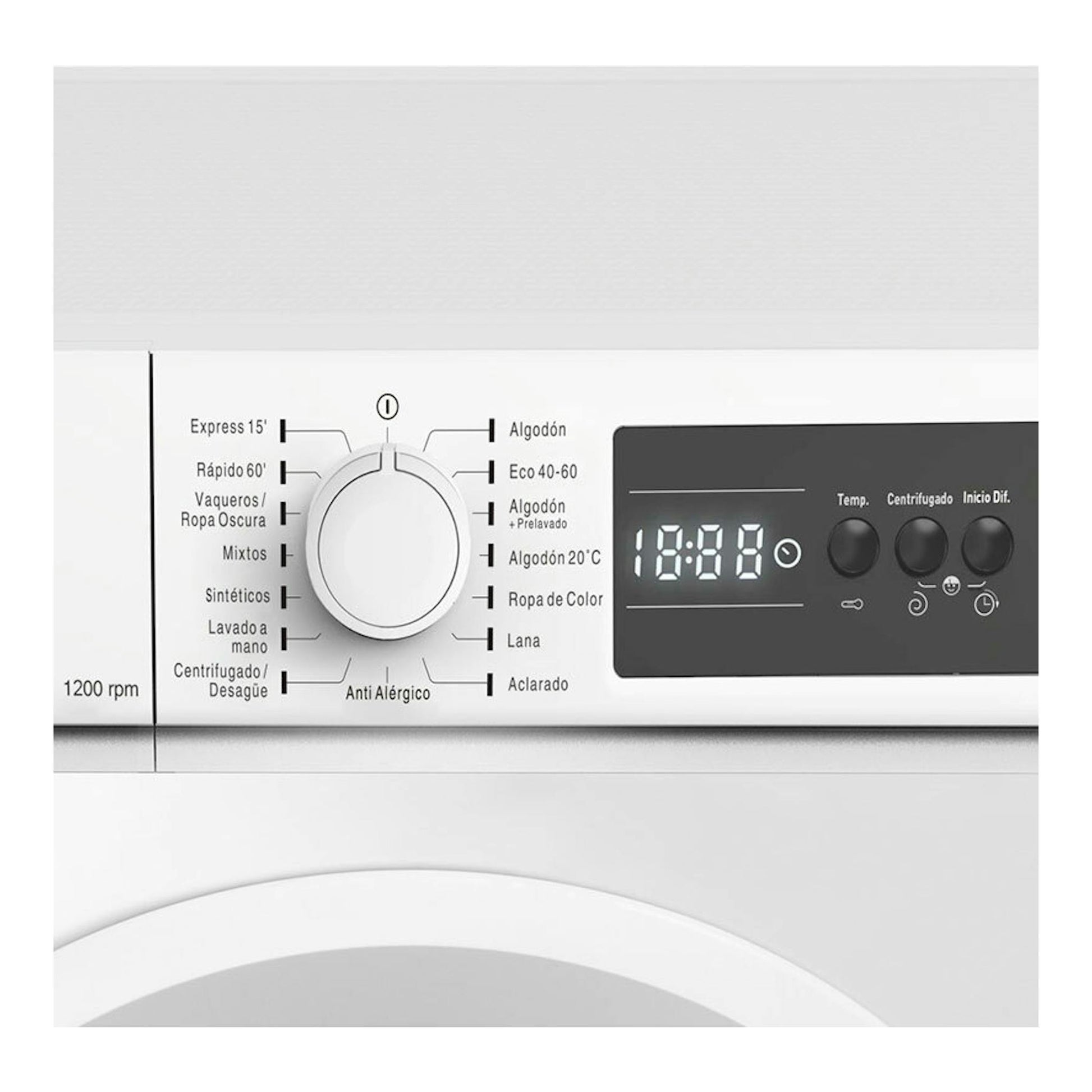 Lavadora Fagor 3FE7412 blanca, vista frontal del panel con selector de programas y pantalla digital.