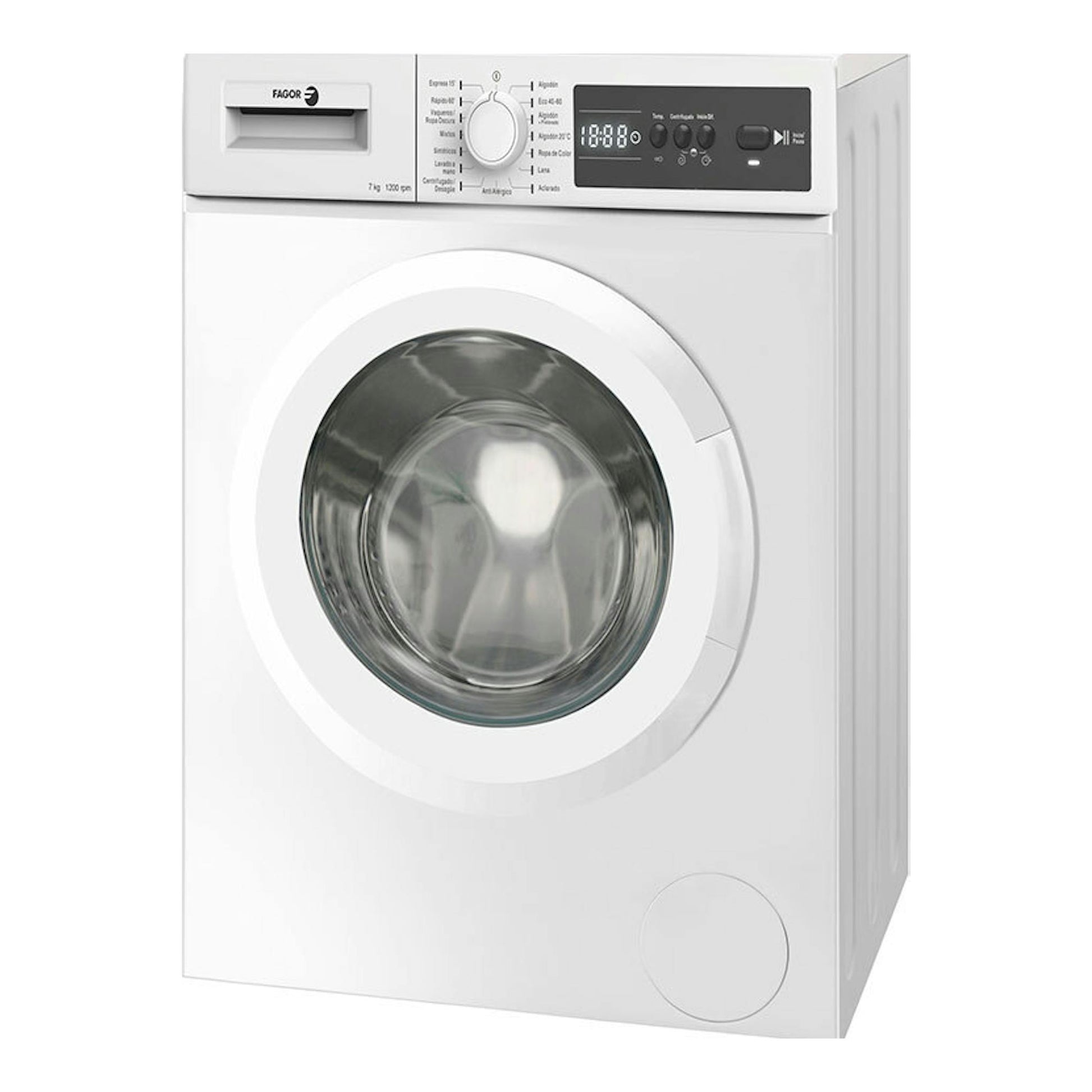 Lavadora Fagor 3FE7412 blanca, vista frontal, con puerta circular y panel de control superior.