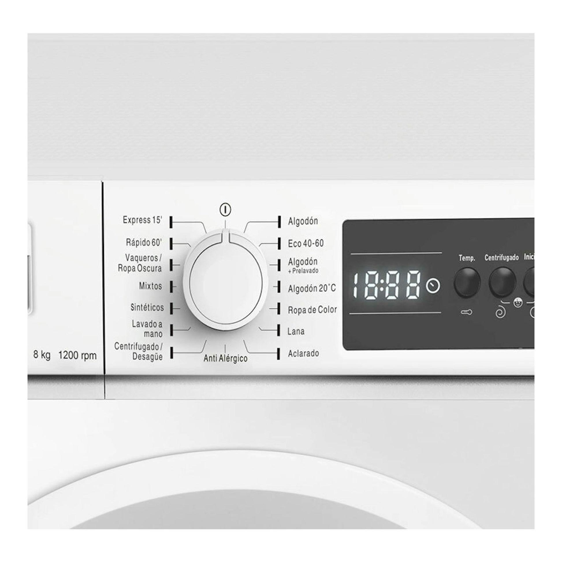 Lavadora Fagor 3FE8412 blanca, vista frontal del panel de control con selector y display digital.