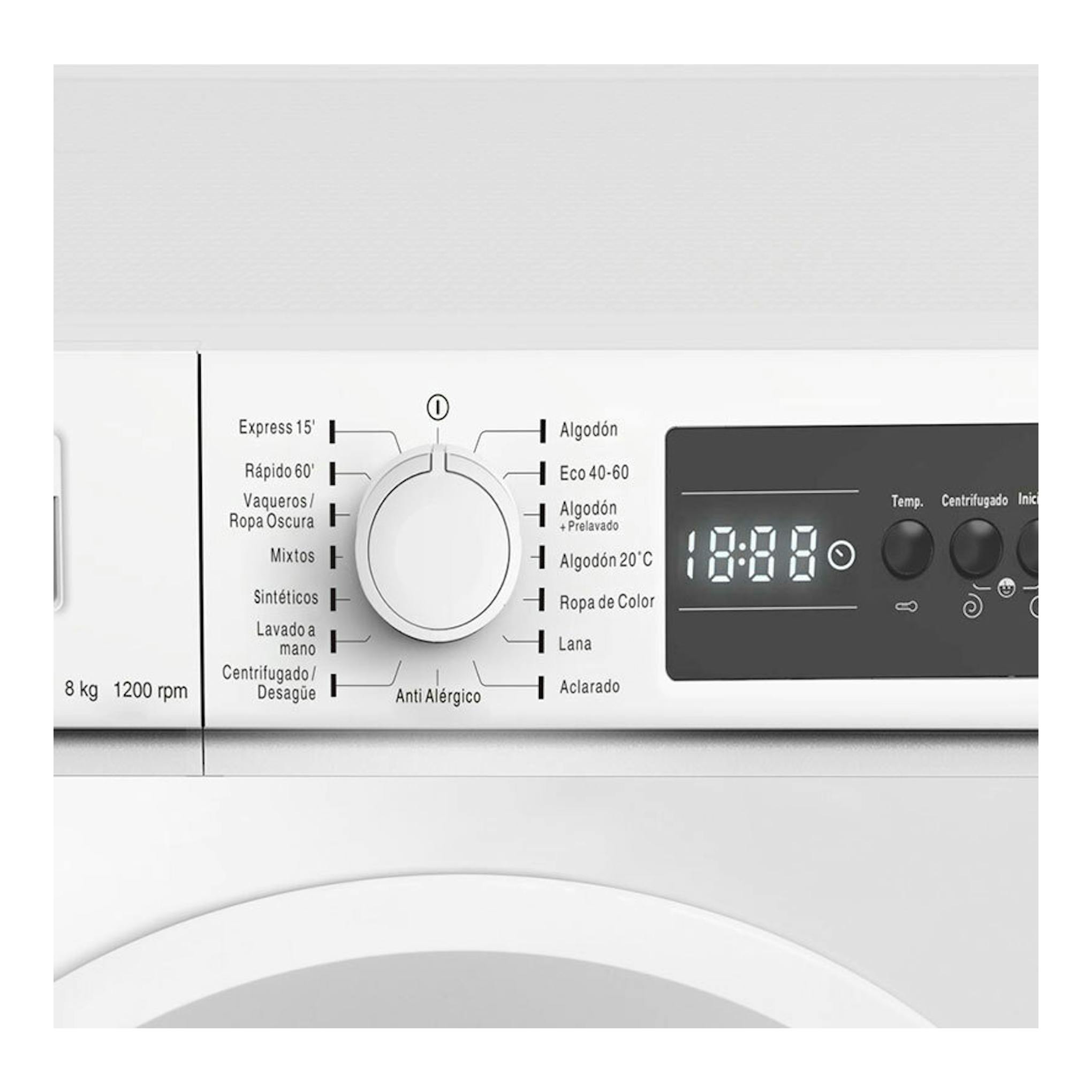 Lavadora Fagor 3FE8412 blanca, vista frontal del panel de control con selector y display digital.