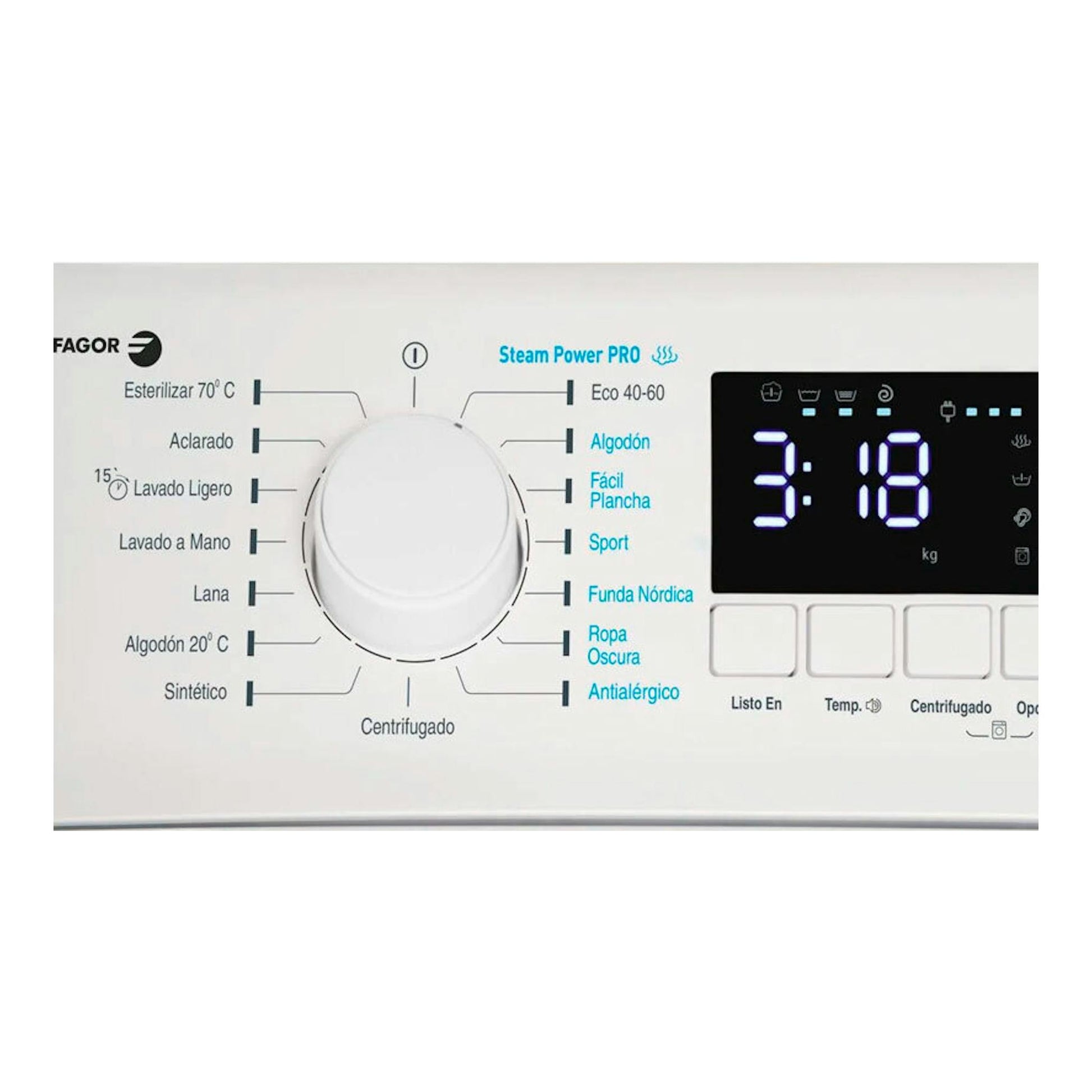 Panel frontal de lavadora Fagor 4FET-7112 blanca, con selector central y pantalla digital.