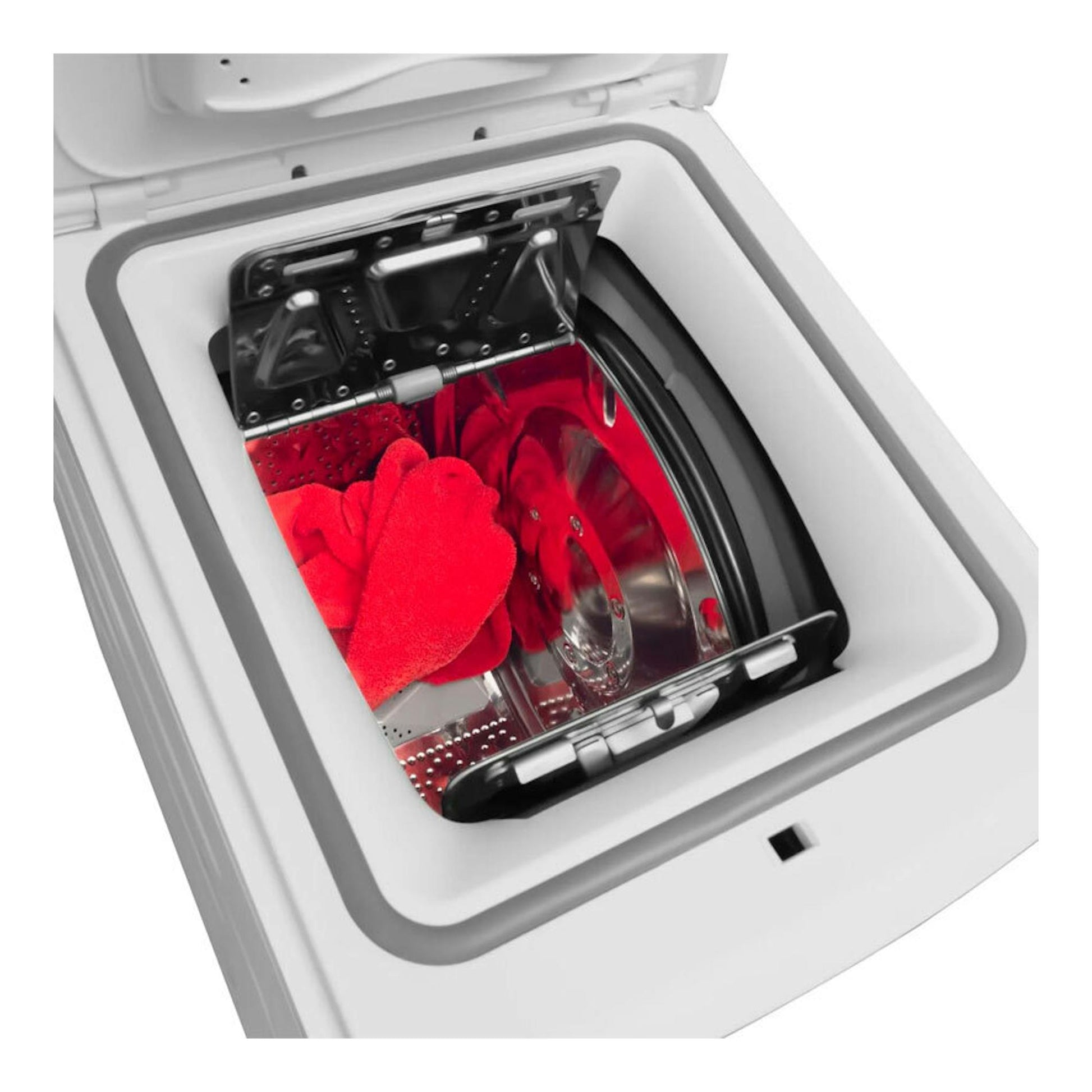 Lavadora Fagor 4FET-7112 blanca, vista superior inclinada, con tapa abierta y ropa roja dentro.