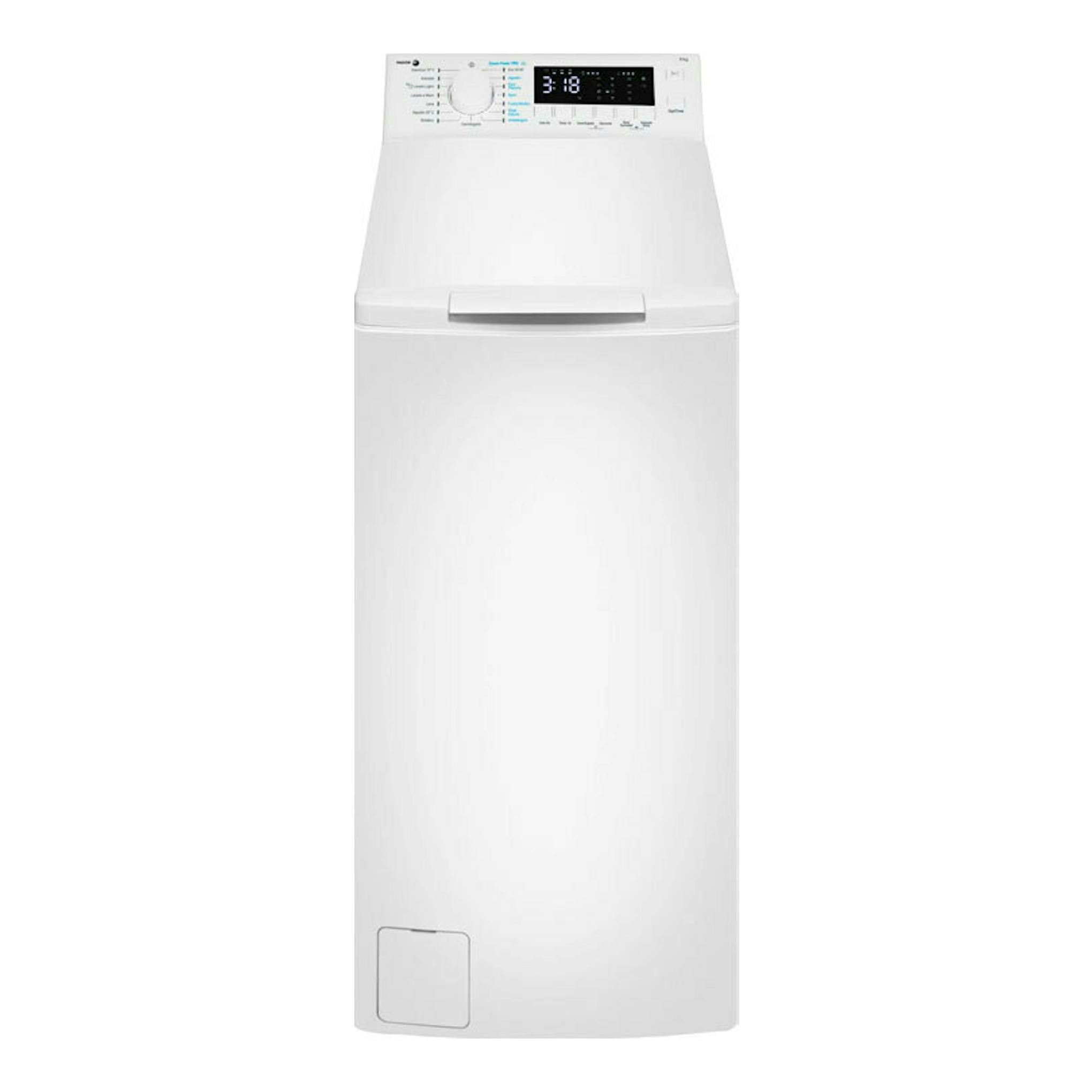 Lavadora Fagor 4FET-8013 blanca, vista frontal, de carga superior con panel digital.