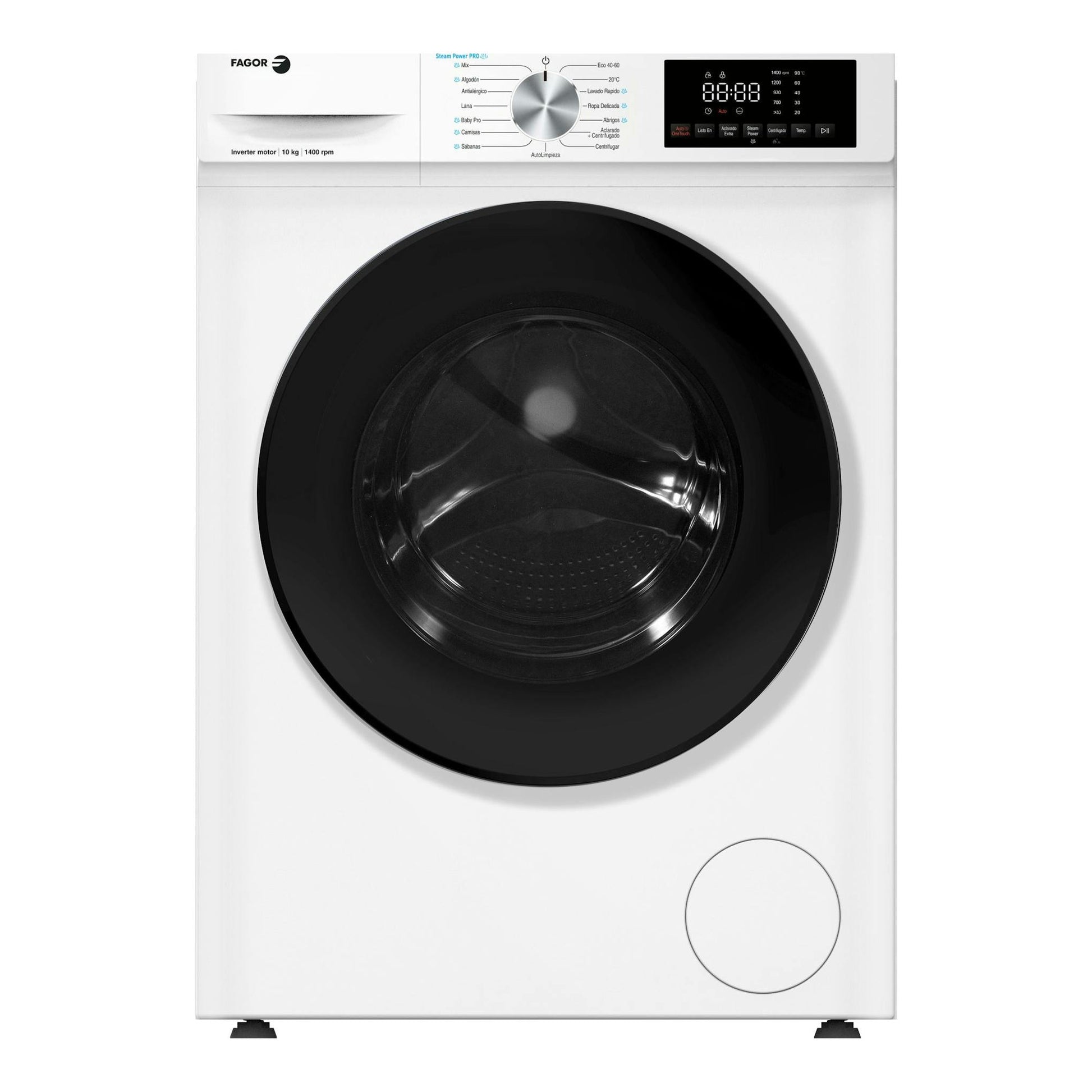 Lavadora Fagor 5FE-10614 blanca, vista frontal, con puerta negra circular y panel superior digital.