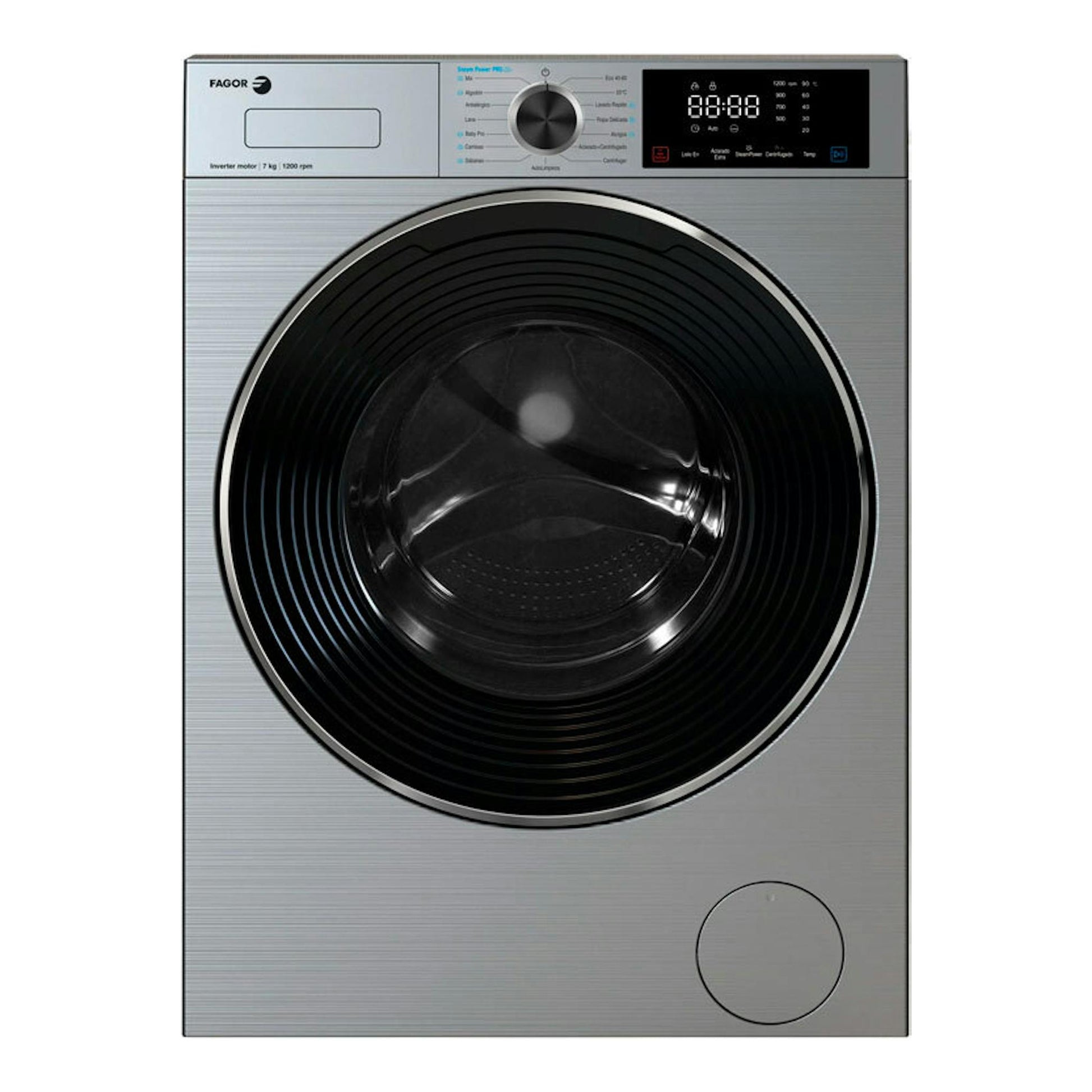 Lavadora Fagor 5FE-7712X de carga frontal, acero inoxidable, vista frontal.
