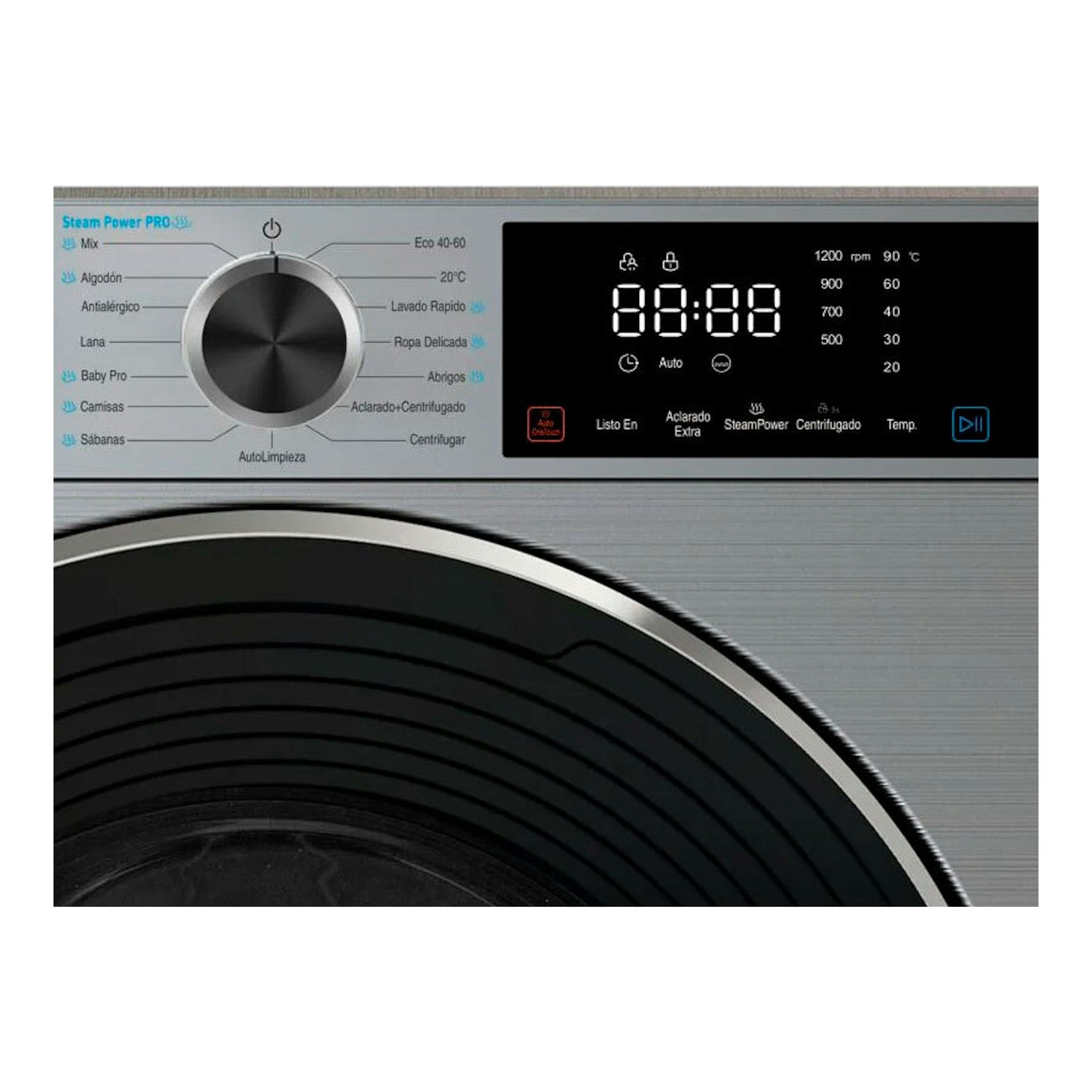 Lavadora Fagor 5FE-7712X gris, vista frontal del panel de control con dial, pantalla digital y puerta.