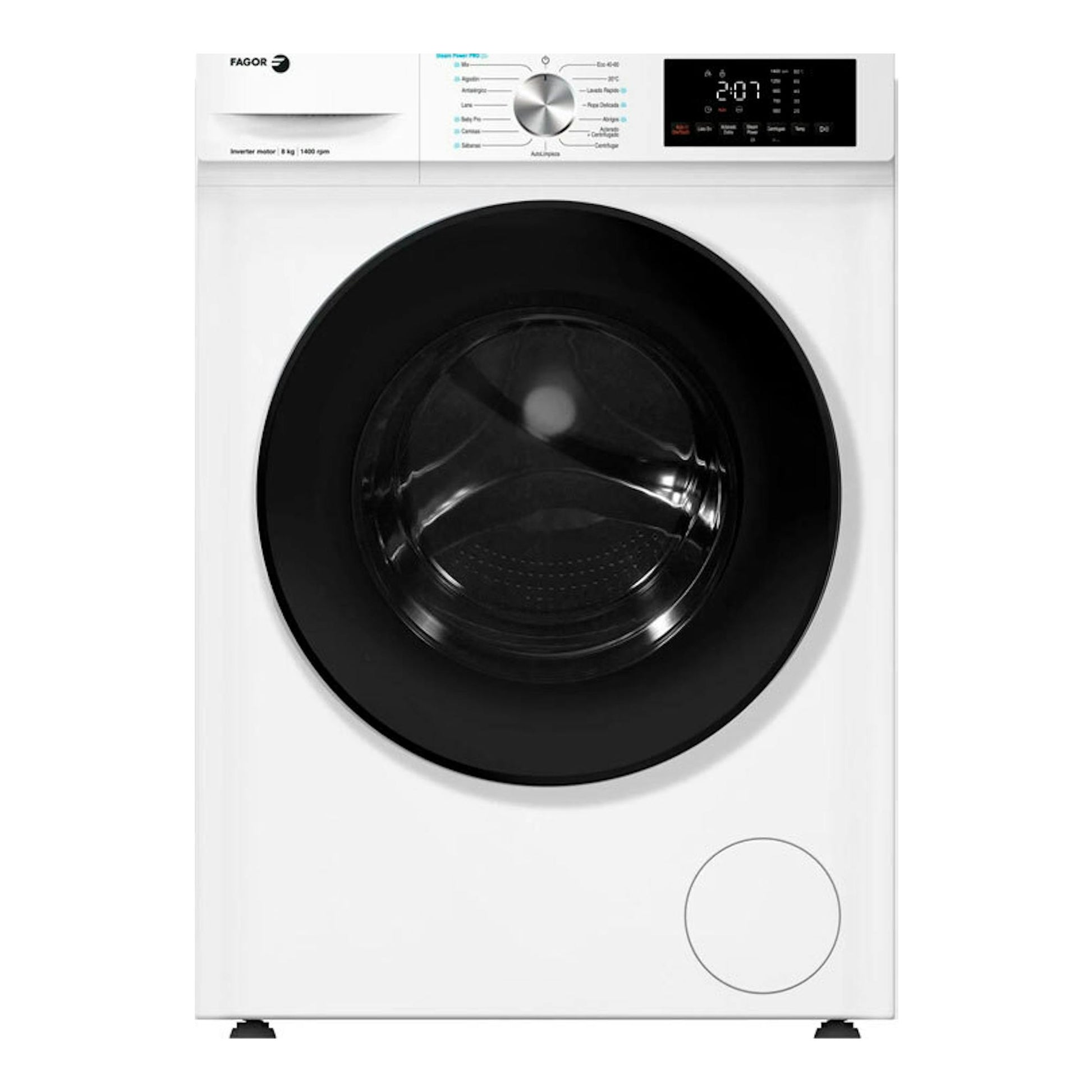 Lavadora Fagor 5FE-8614 blanca, vista frontal, con puerta negra circular y panel digital superior.