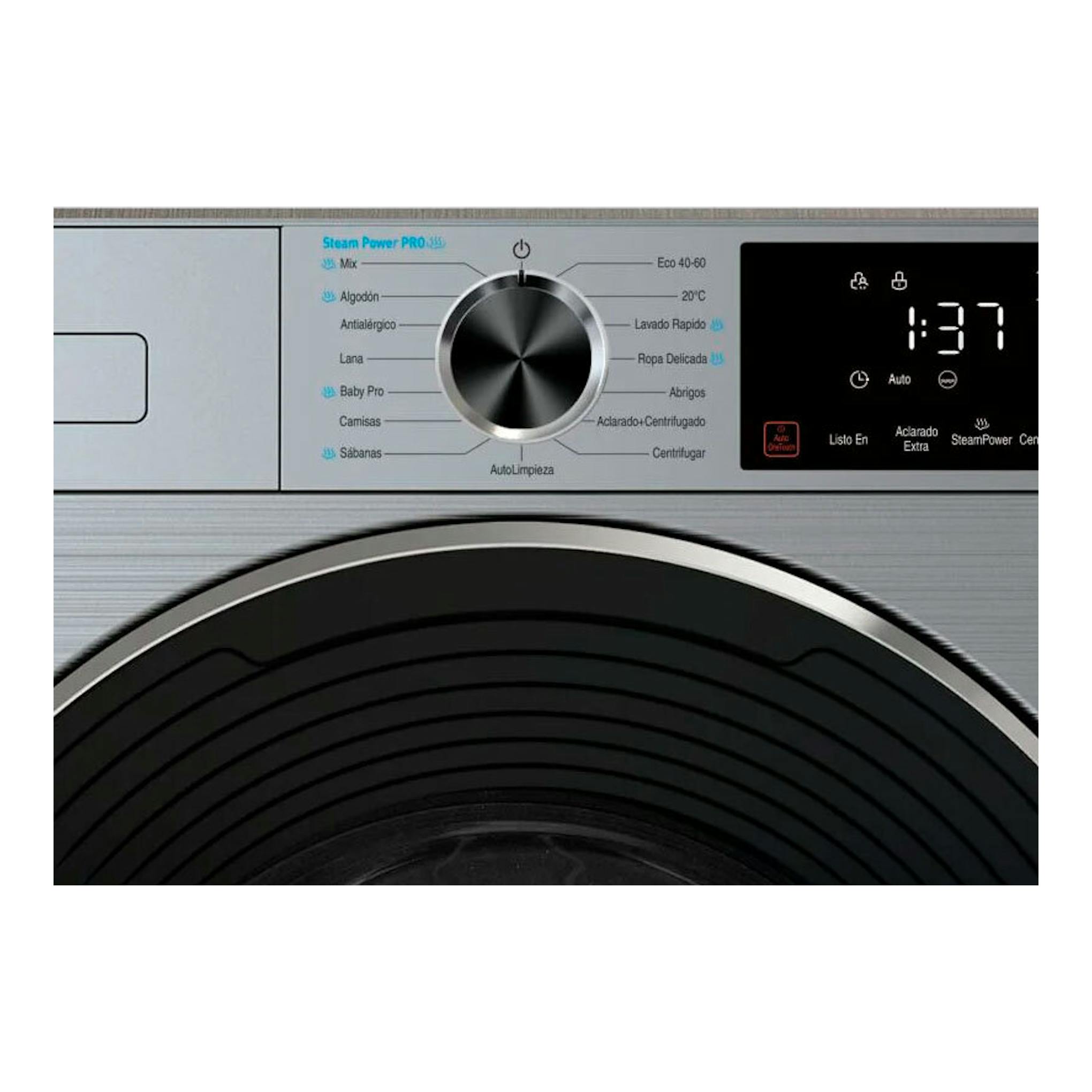 Lavadora Fagor 5FE-8714X, vista frontal parcial en acero inoxidable, con panel digital y puerta circular.