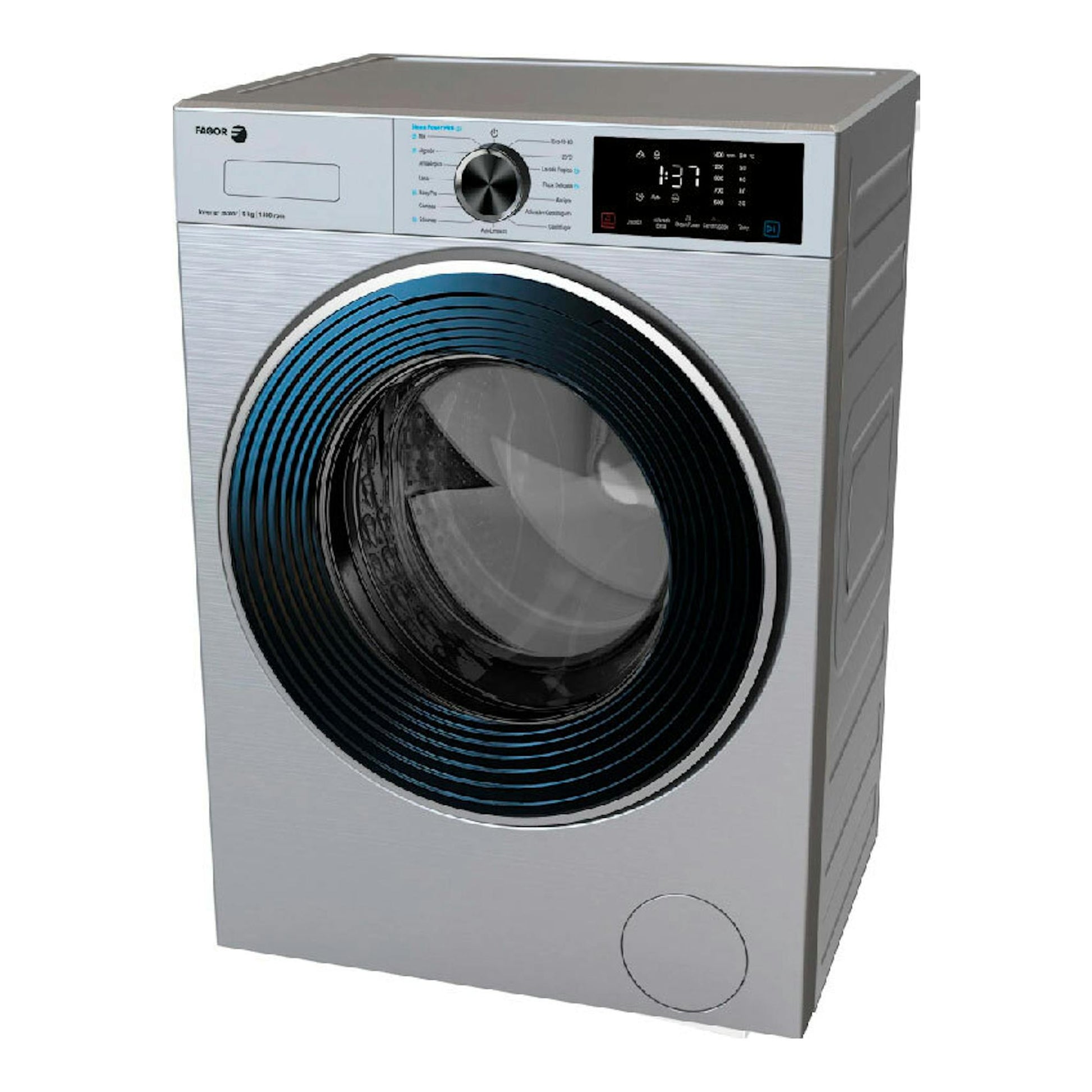 Lavadora Fagor 5FE-9714X de 9 kg, plateada, vista frontal, con puerta negra y panel digital superior.