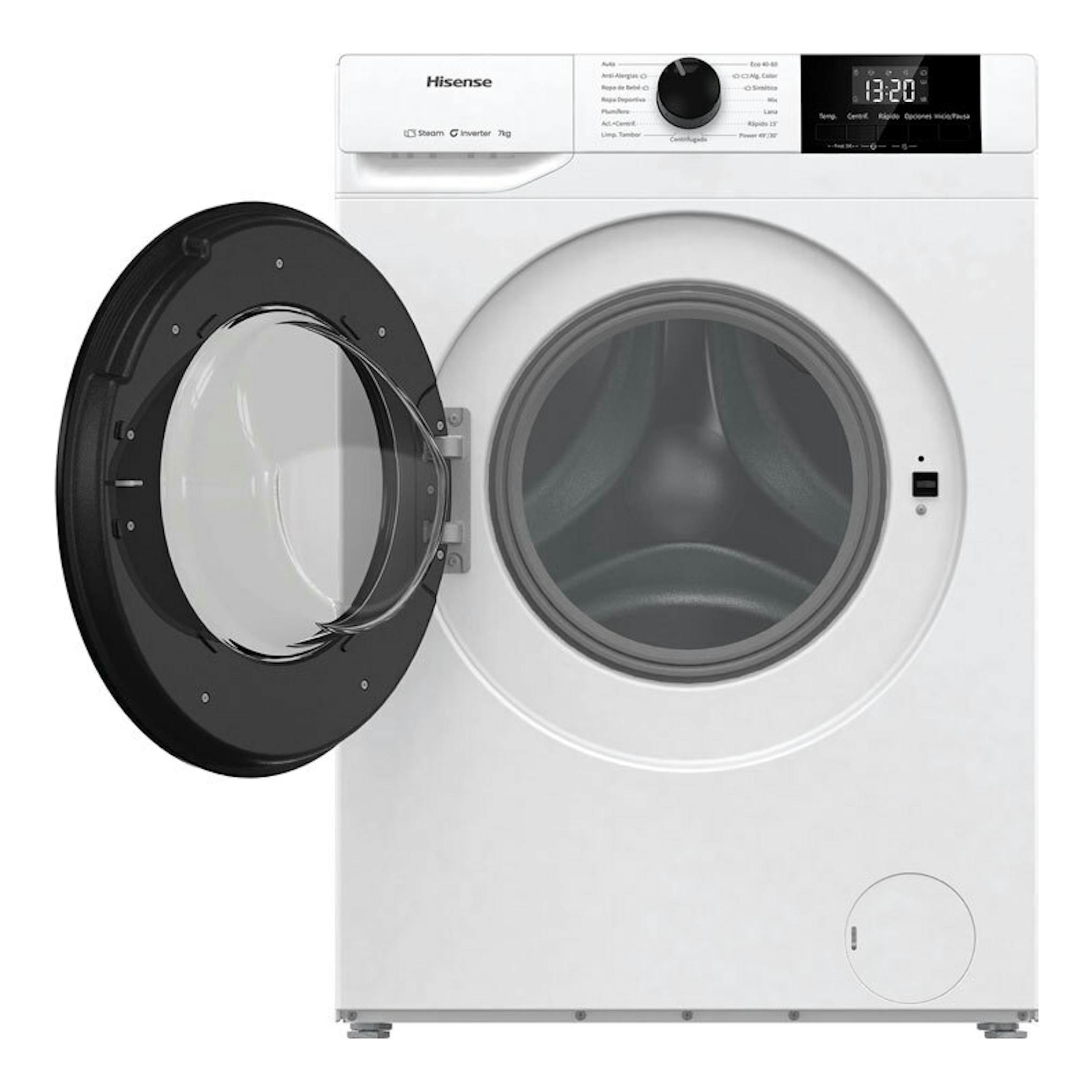 Lavadora Hisense WF1G7021BW blanca de carga frontal, vista frontal, con la puerta abierta y panel digital superior.