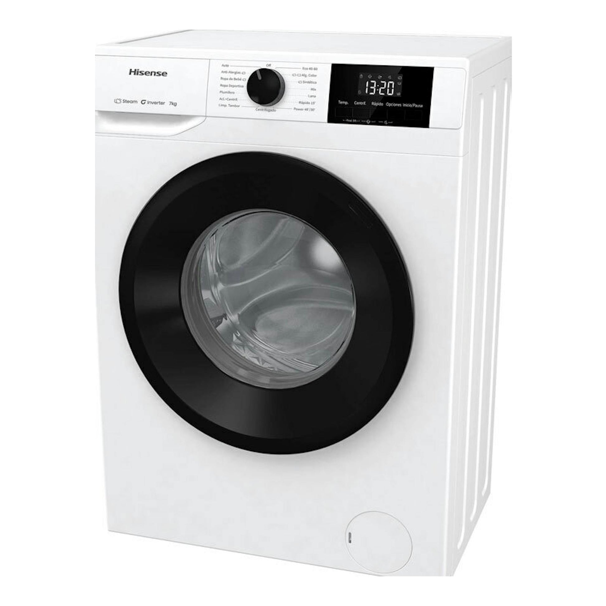 Lavadora frontal Hisense WF1G7021BW blanca, con puerta negra y panel digital, vista frontal.
