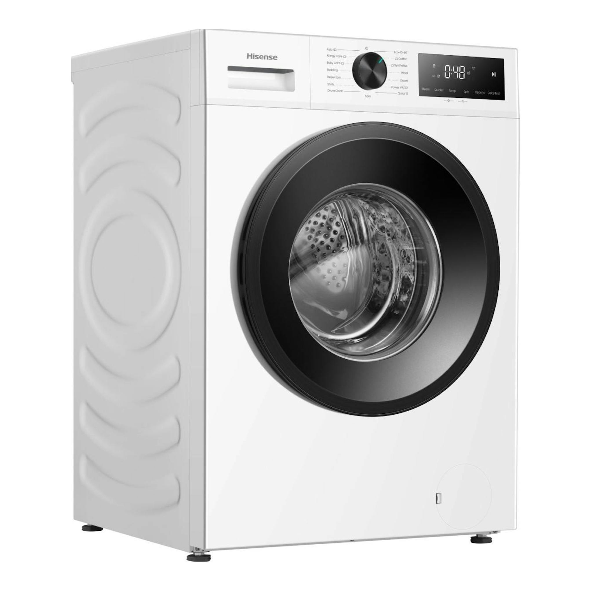 Lavadora Hisense WF1I1142BWL blanca, de carga frontal, con puerta negra y panel digital superior.