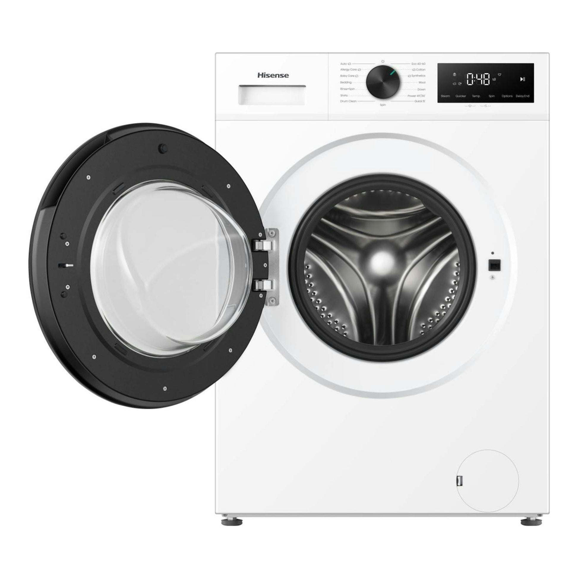 Lavadora Hisense WF1I1142BWL blanca, vista frontal, con puerta abierta y panel digital superior.