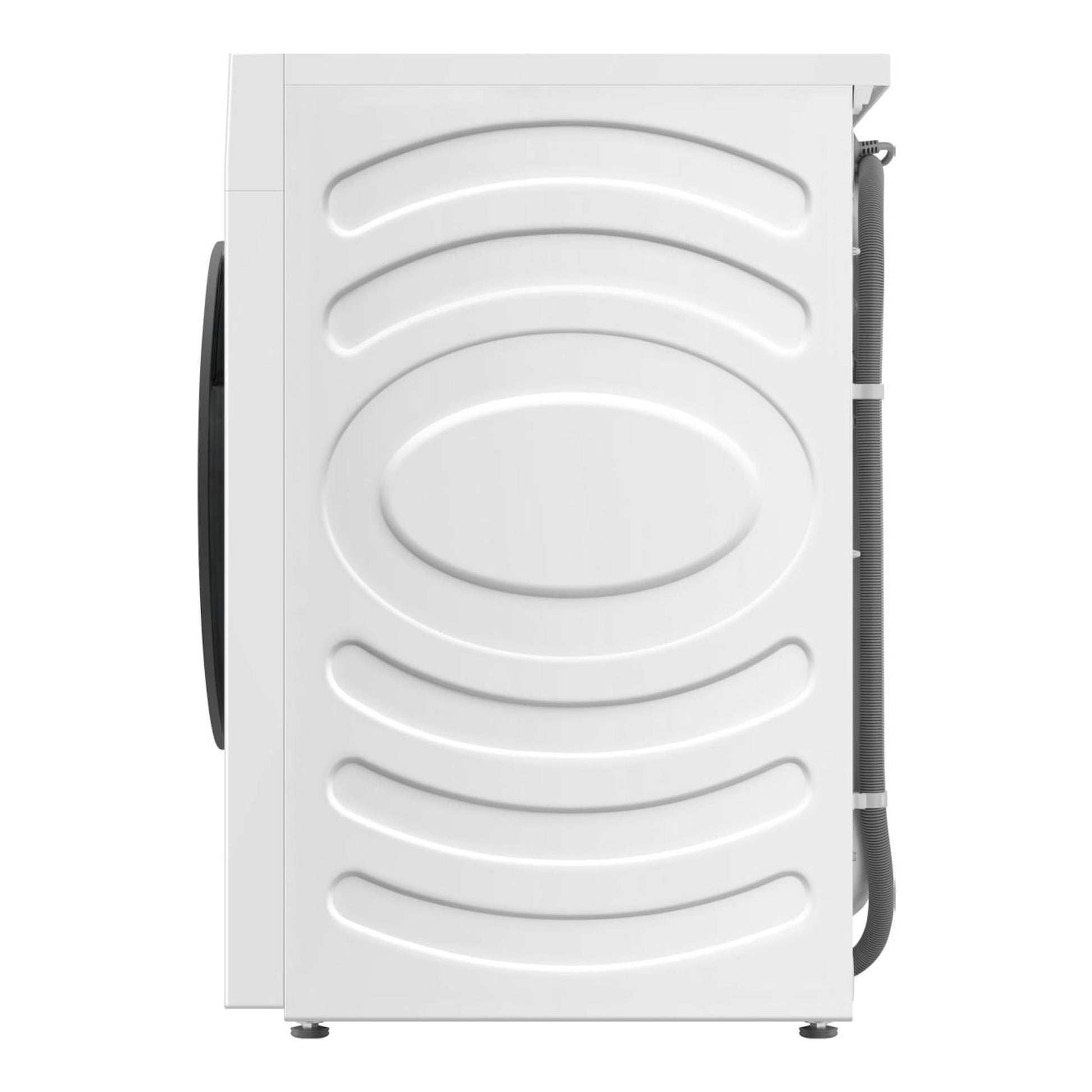 Lavadora Hisense WF1I1142BWL blanca, vista lateral, con manguera visible.