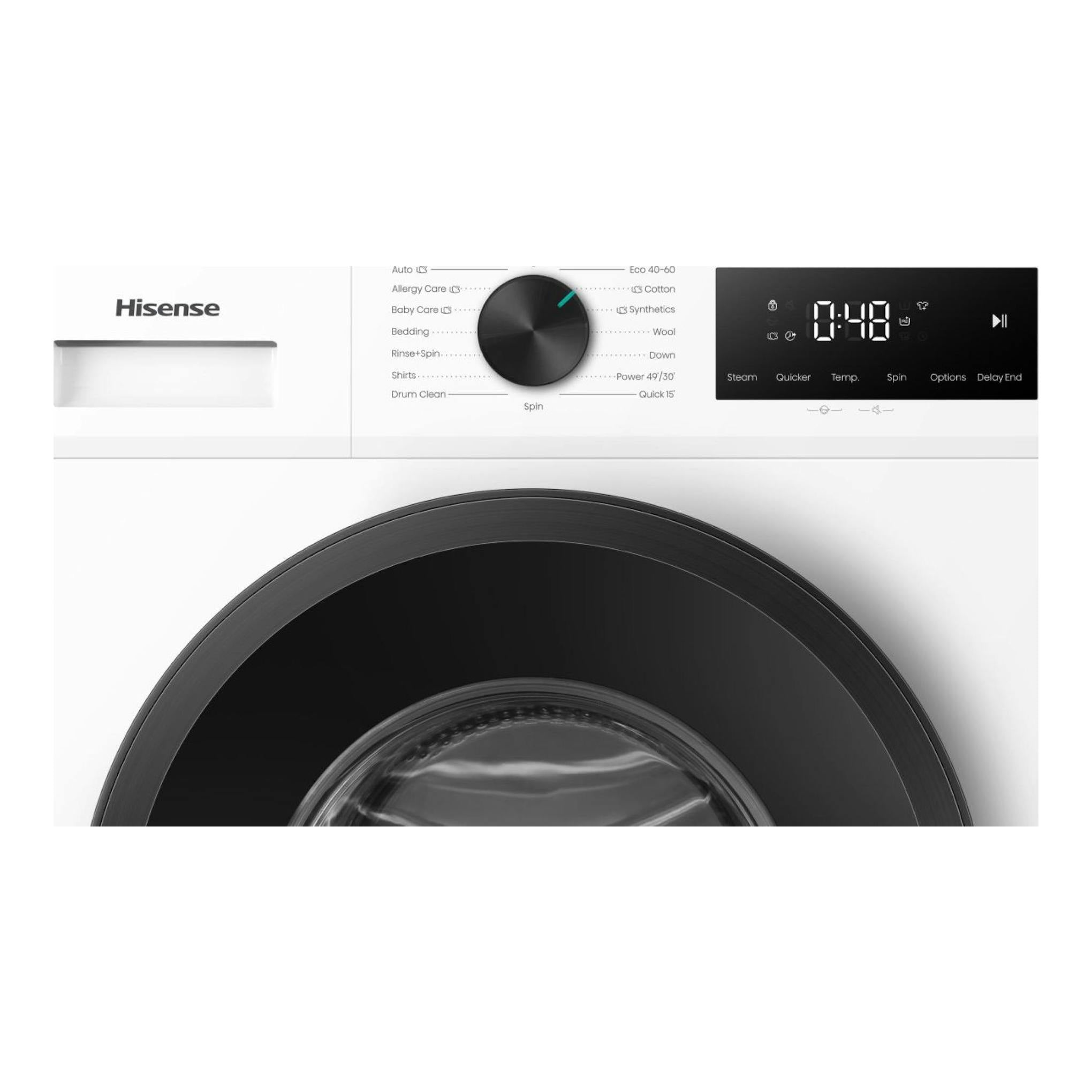 Lavadora Hisense WF1I1142BWL blanca, vista frontal; panel negro con mando central y pantalla digital.