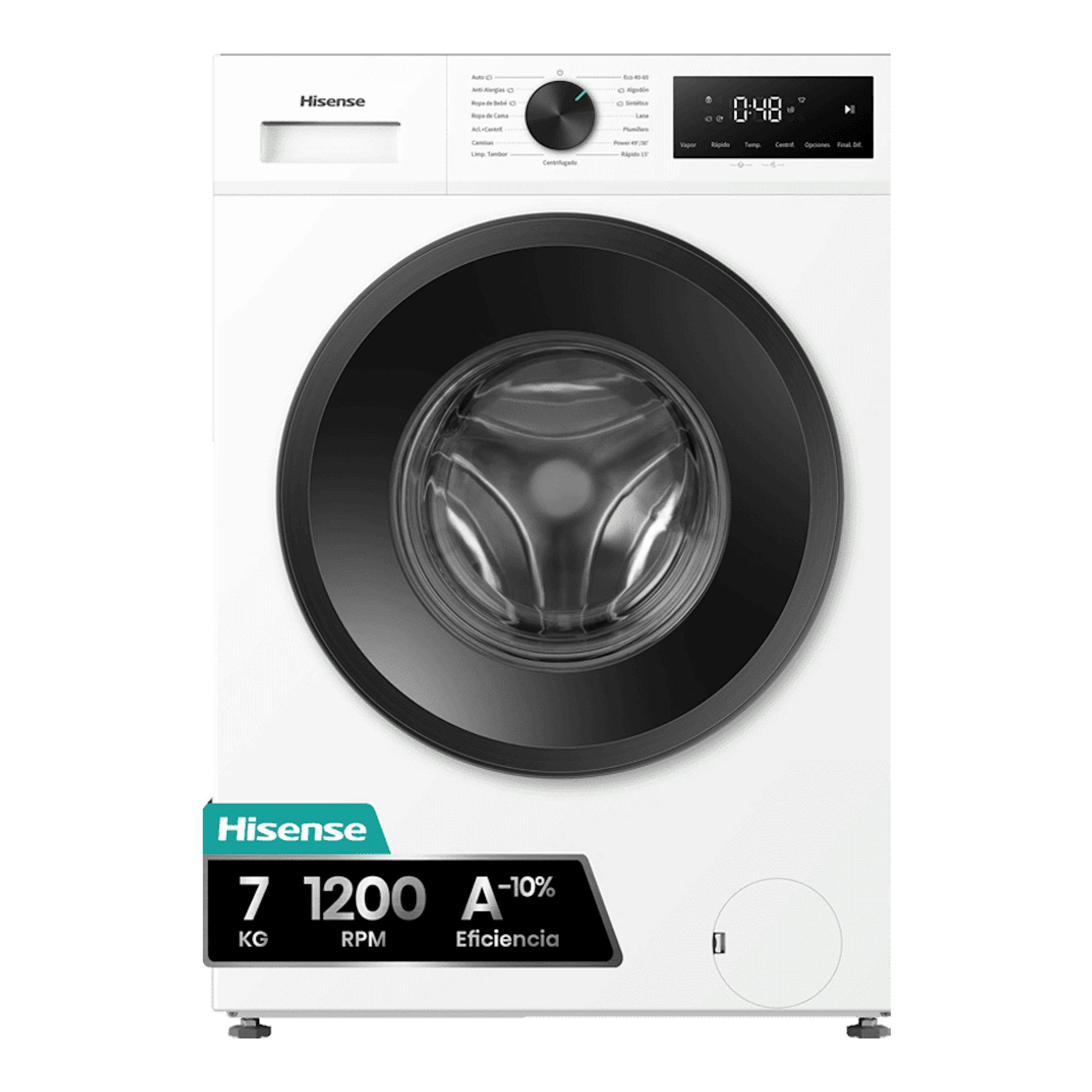 Lavadora frontal Hisense WF1I7022BWJ blanca, puerta negra y panel digital, vista frontal, 7 kg, 1200 rpm.