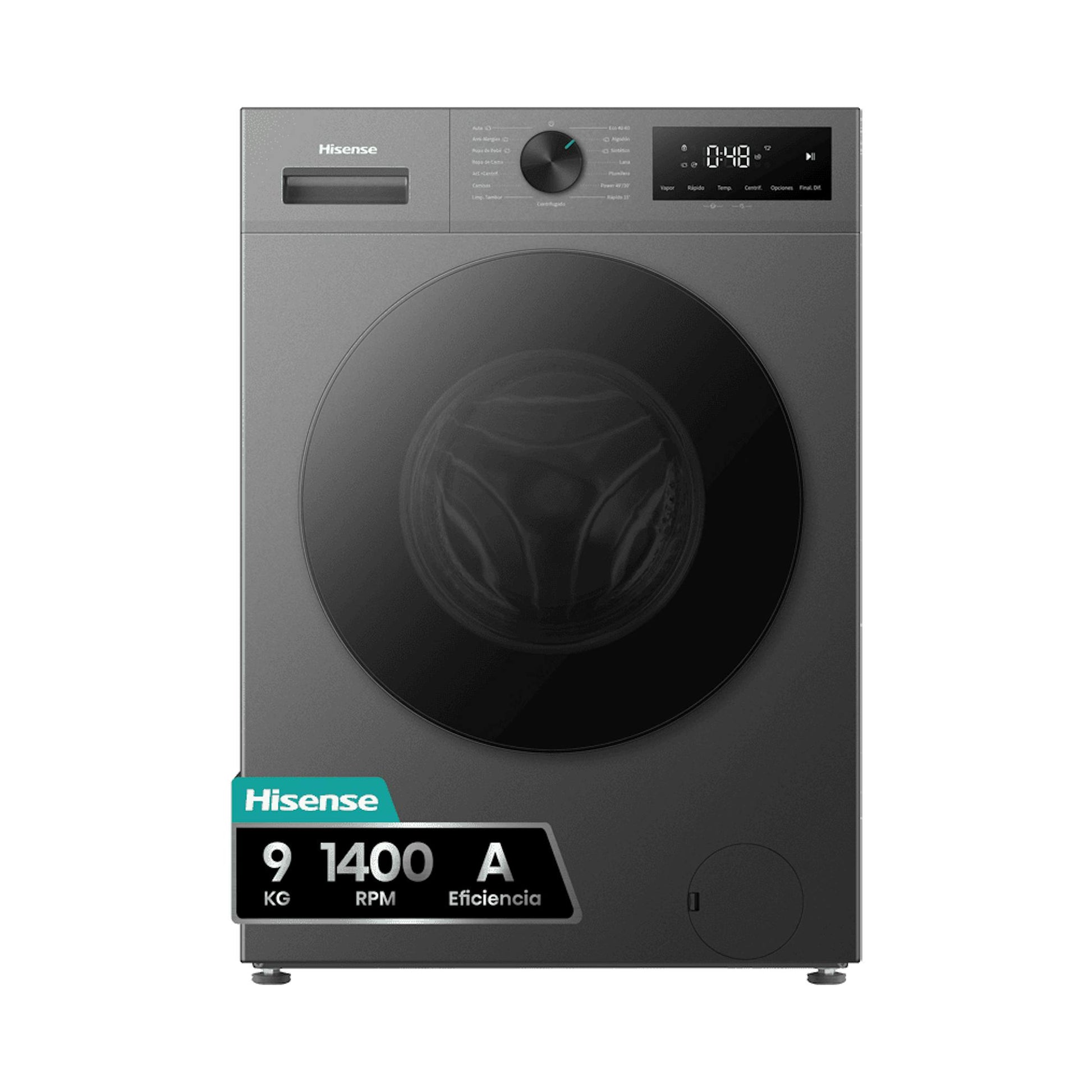 Lavadora Hisense WF1I9042BTP2 frontal, color inox oscuro, con puerta negra y panel digital.