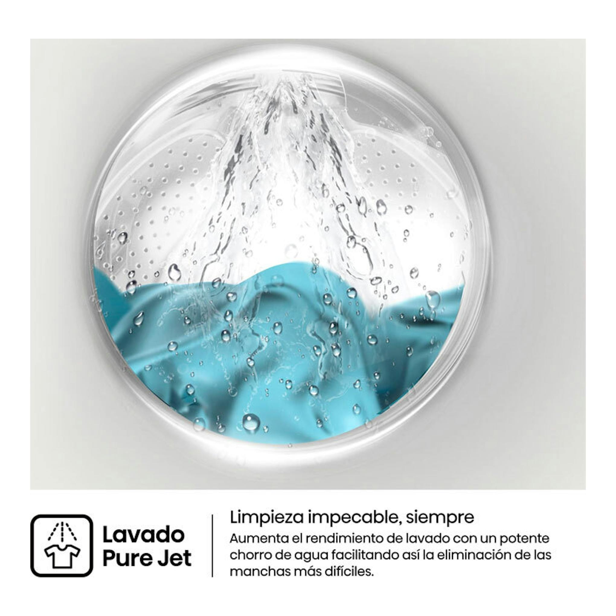 Hisense WF1I9042BTP2 9 kg, vista frontal del tambor con agua y una prenda azul; aparece “Lavado Pure Jet”.