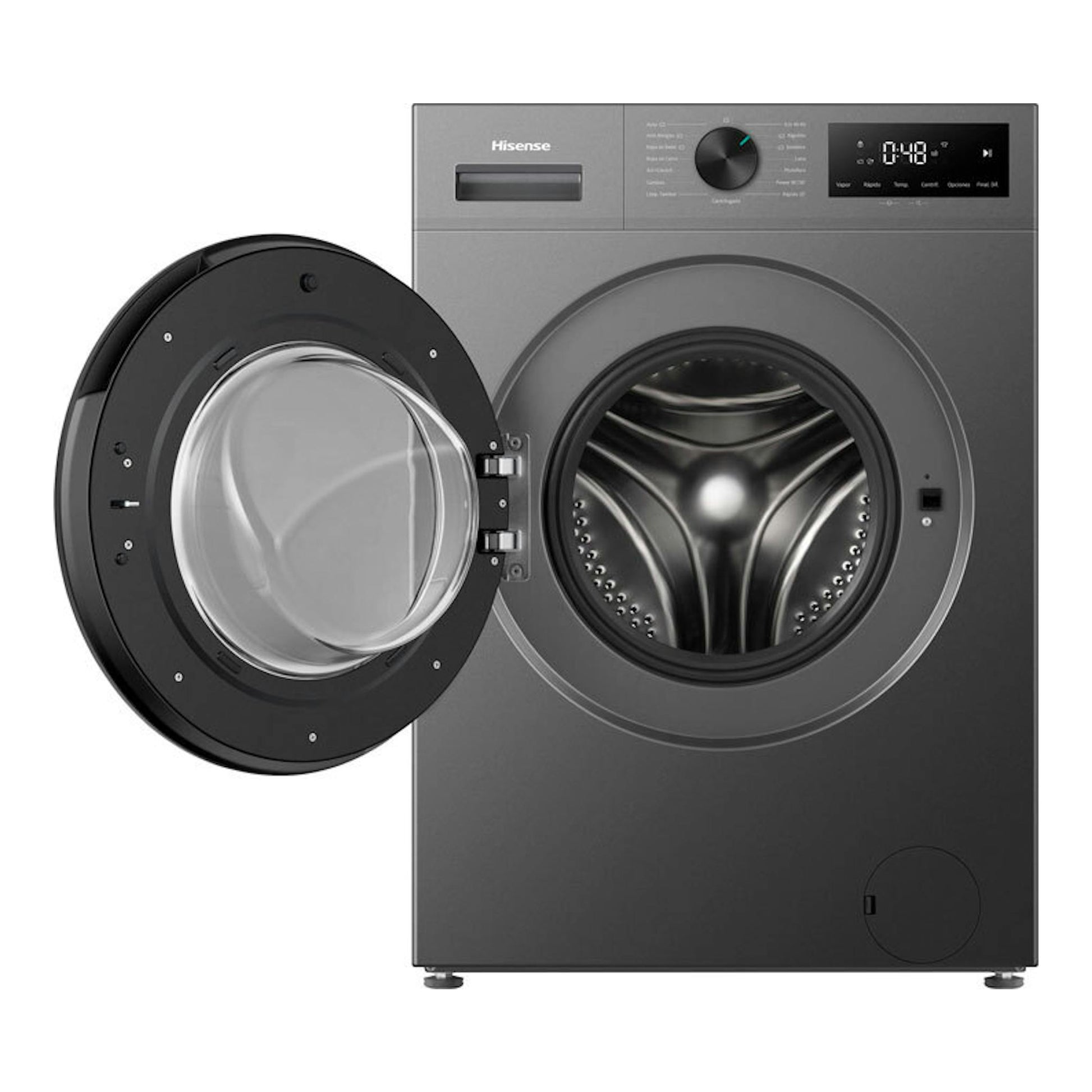 Lavadora frontal Hisense WF1I9042BTP2 gris, con puerta abierta y panel digital, vista frontal.
