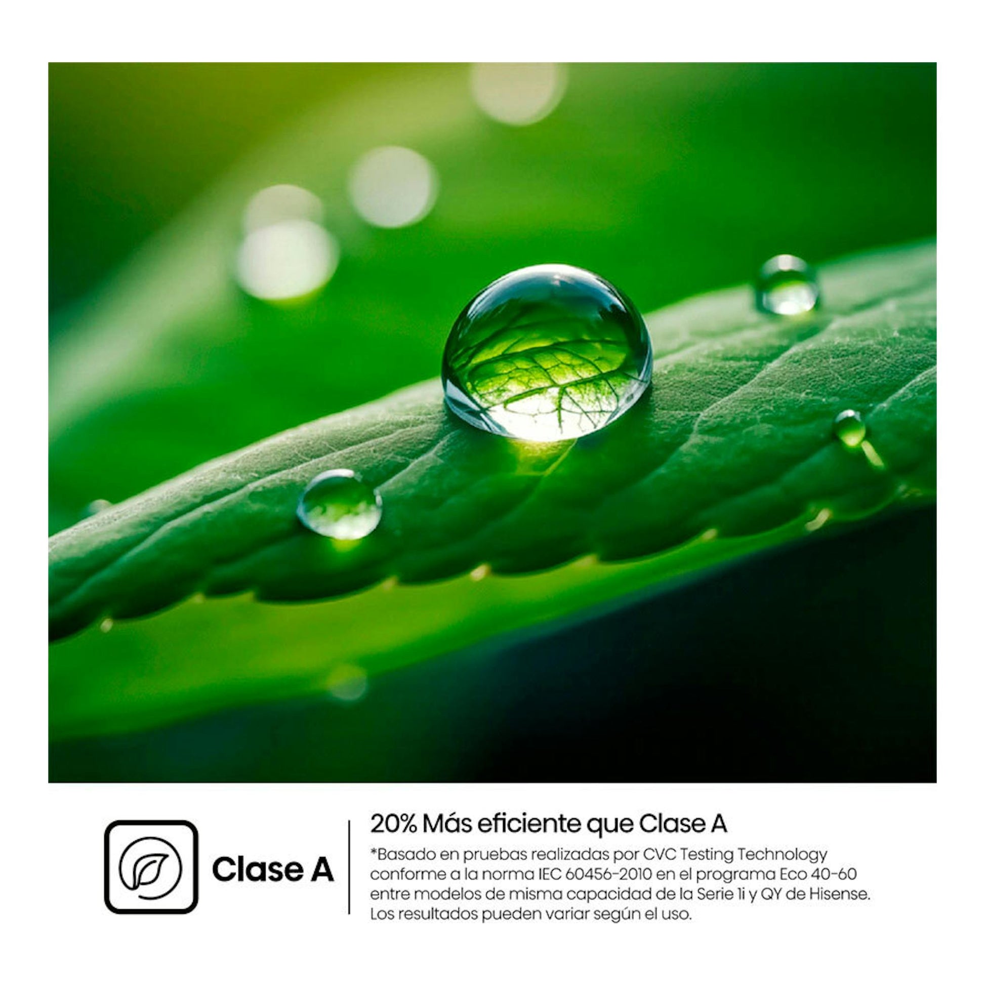Gráfico promocional de Hisense WF1I9042BTP2: hoja verde con gotas de agua, icono Clase A y texto de eficiencia.