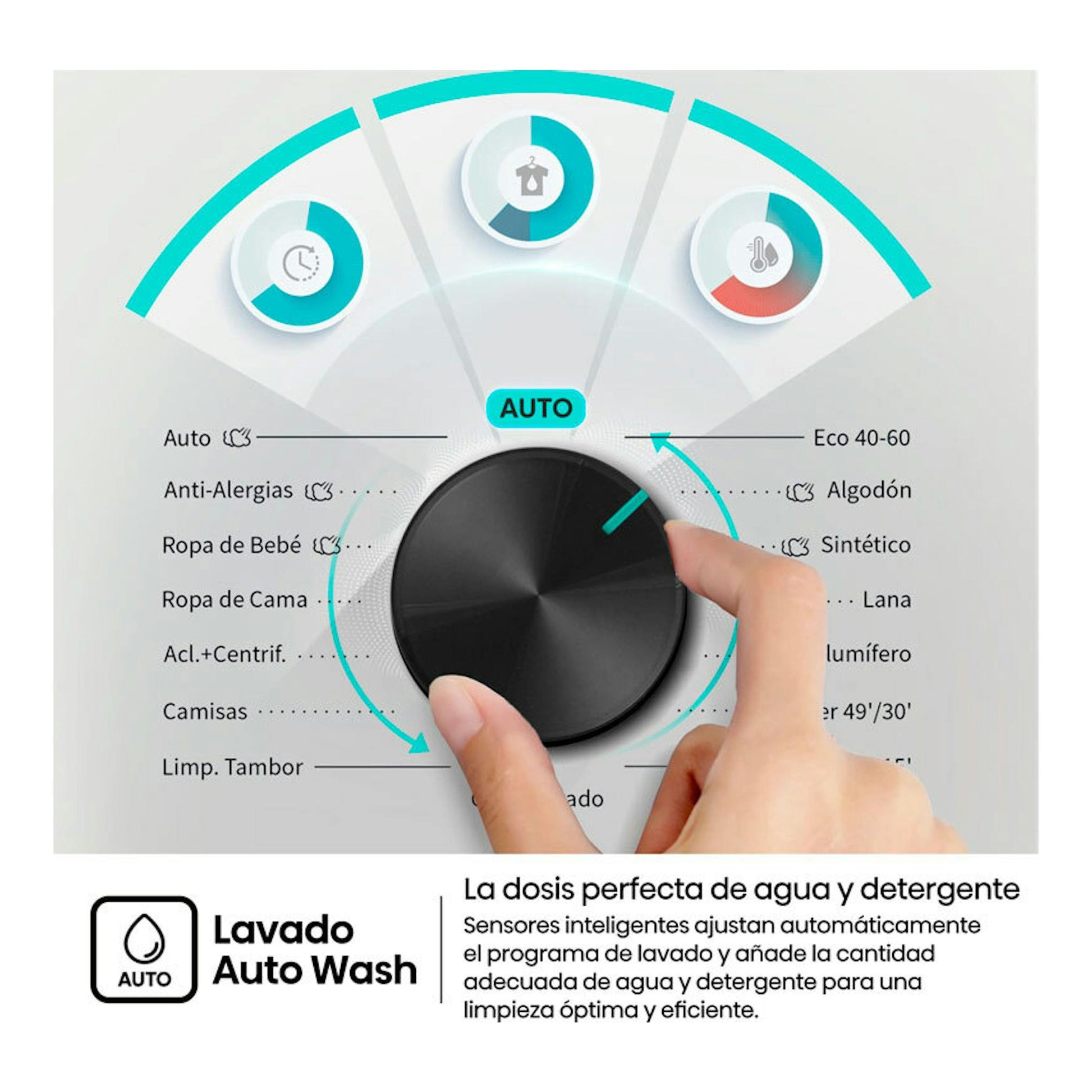 Lavadora Hisense WF1I9042BTP2 con selector de programas y manos girando el dial, vista frontal.