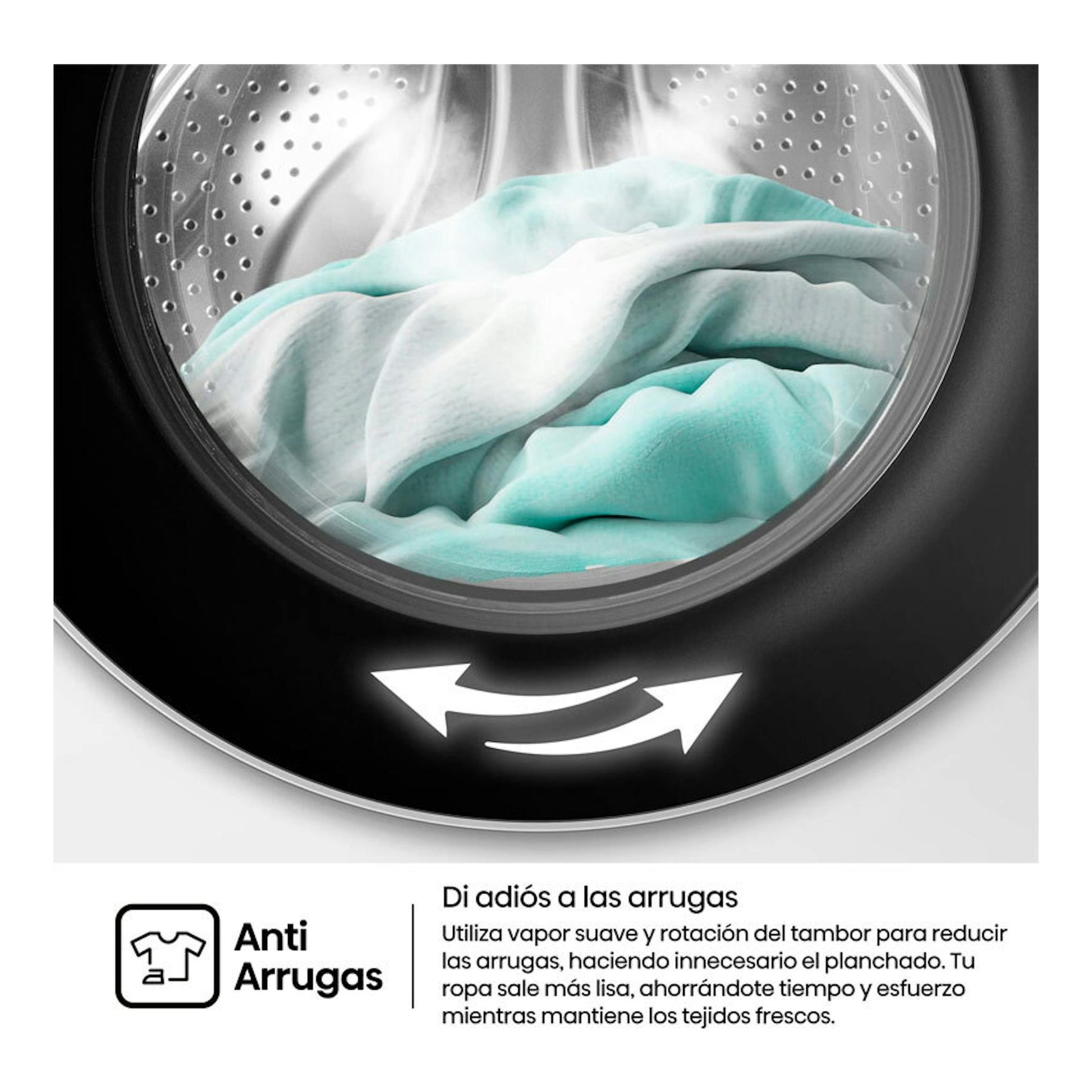 Lavadora Hisense WF1I9042BTP2, vista frontal del tambor con ropa y función antiarrugas.