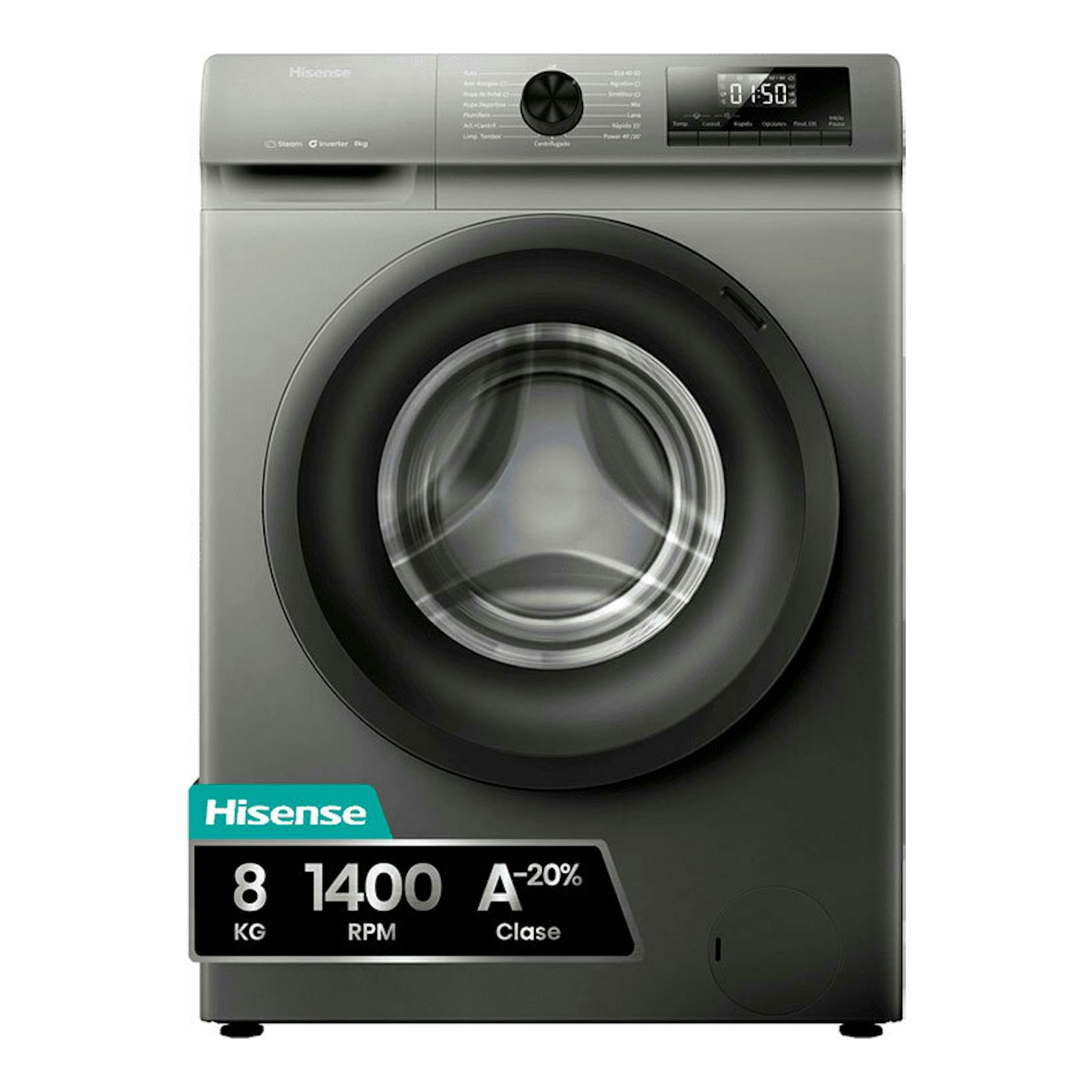 Lavadora frontal Hisense WF1Q8041BT gris, vista frontal, con puerta circular y panel digital, de 8 kg.