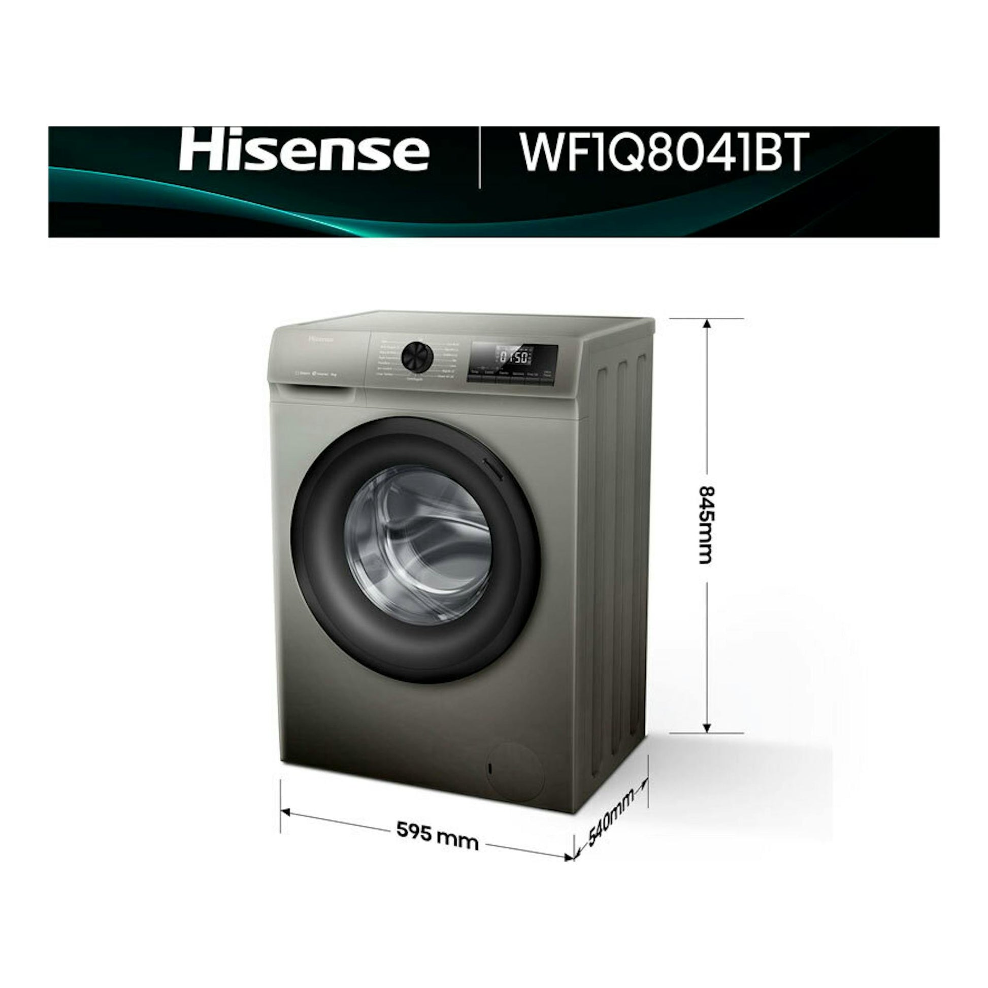 Lavadora frontal Hisense WF1Q8041BT gris oscuro, vista frontal en perspectiva, 845x595x540 mm.