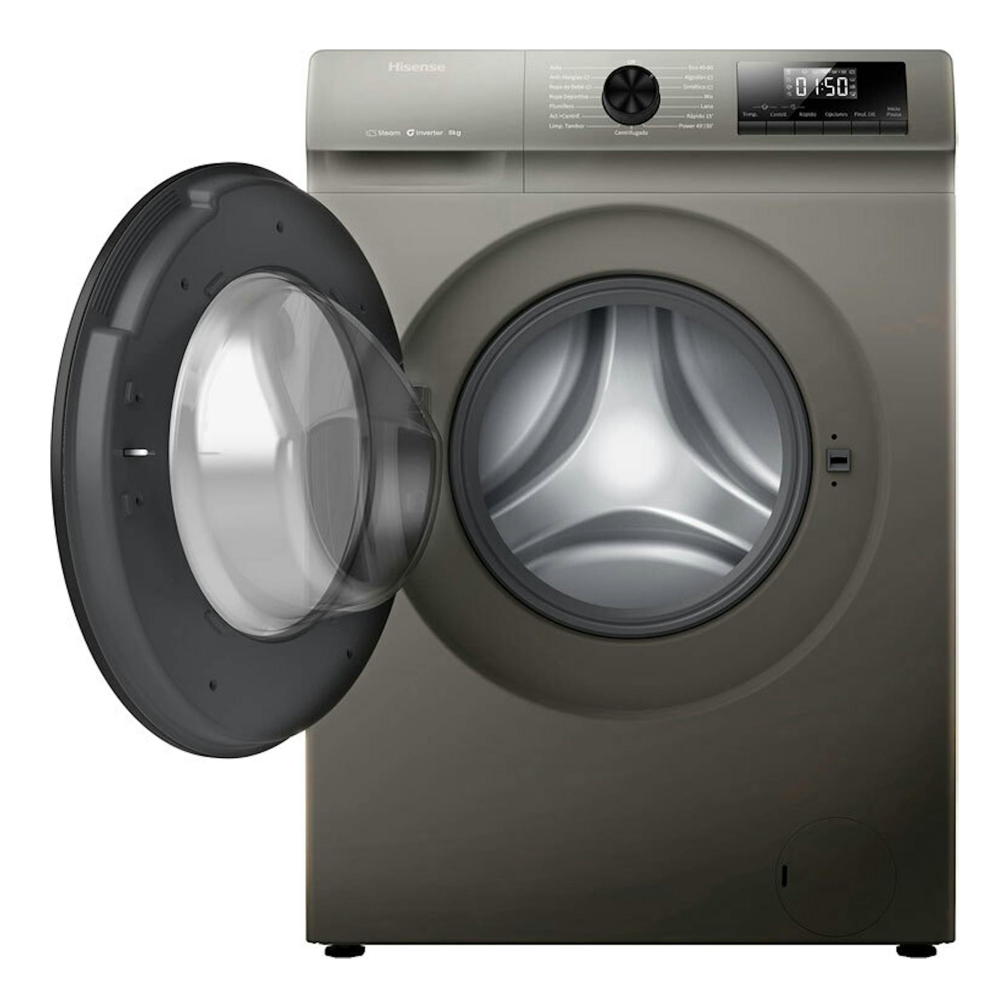 Lavadora Hisense WF1Q8041BT de 8 kg, vista frontal, gris oscuro, con puerta abierta y panel digital.