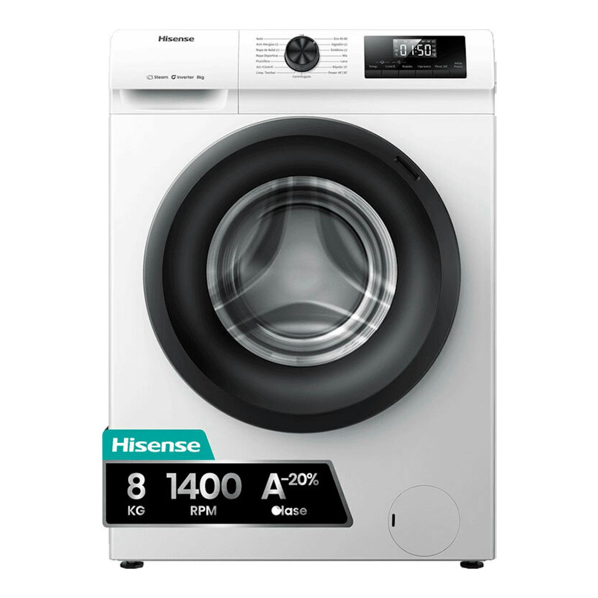 Lavadora frontal Hisense WF1Q8041BW blanca, vista frontal, con puerta negra, panel digital y carga 8 kg.