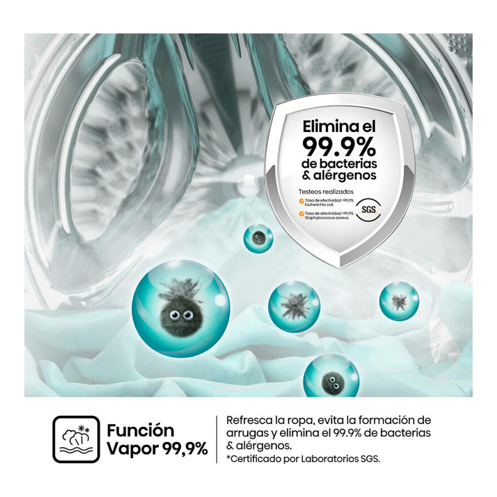 Hisense WF1Q8041BW: vista interior de lavadora con gráfico de función vapor 99,9% y eliminación de bacterias.