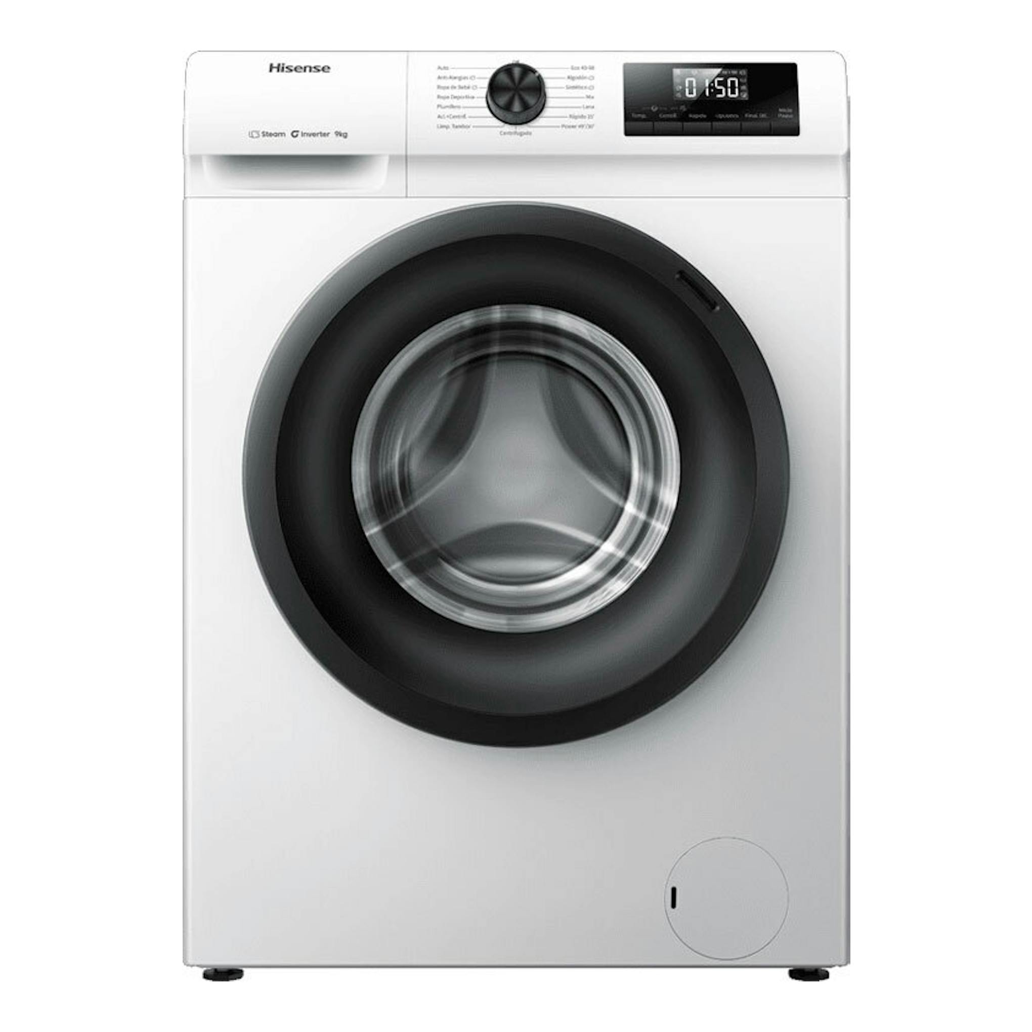 Lavadora de carga frontal Hisense WF1Q9041BW blanca de 9 kg, vista frontal.