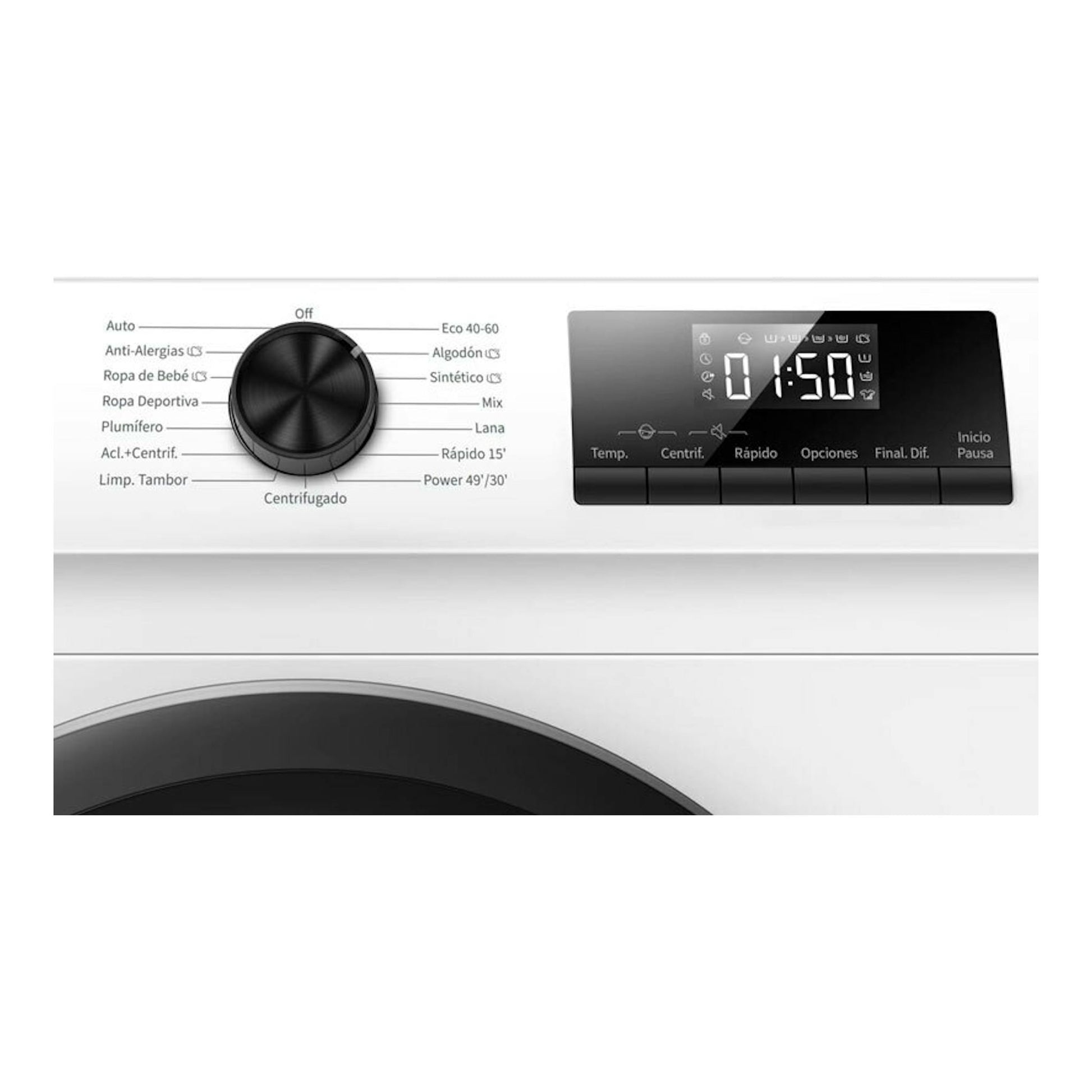Lavadora Hisense WF1Q9041BW blanca, con selector negro y panel digital frontal en primer plano.