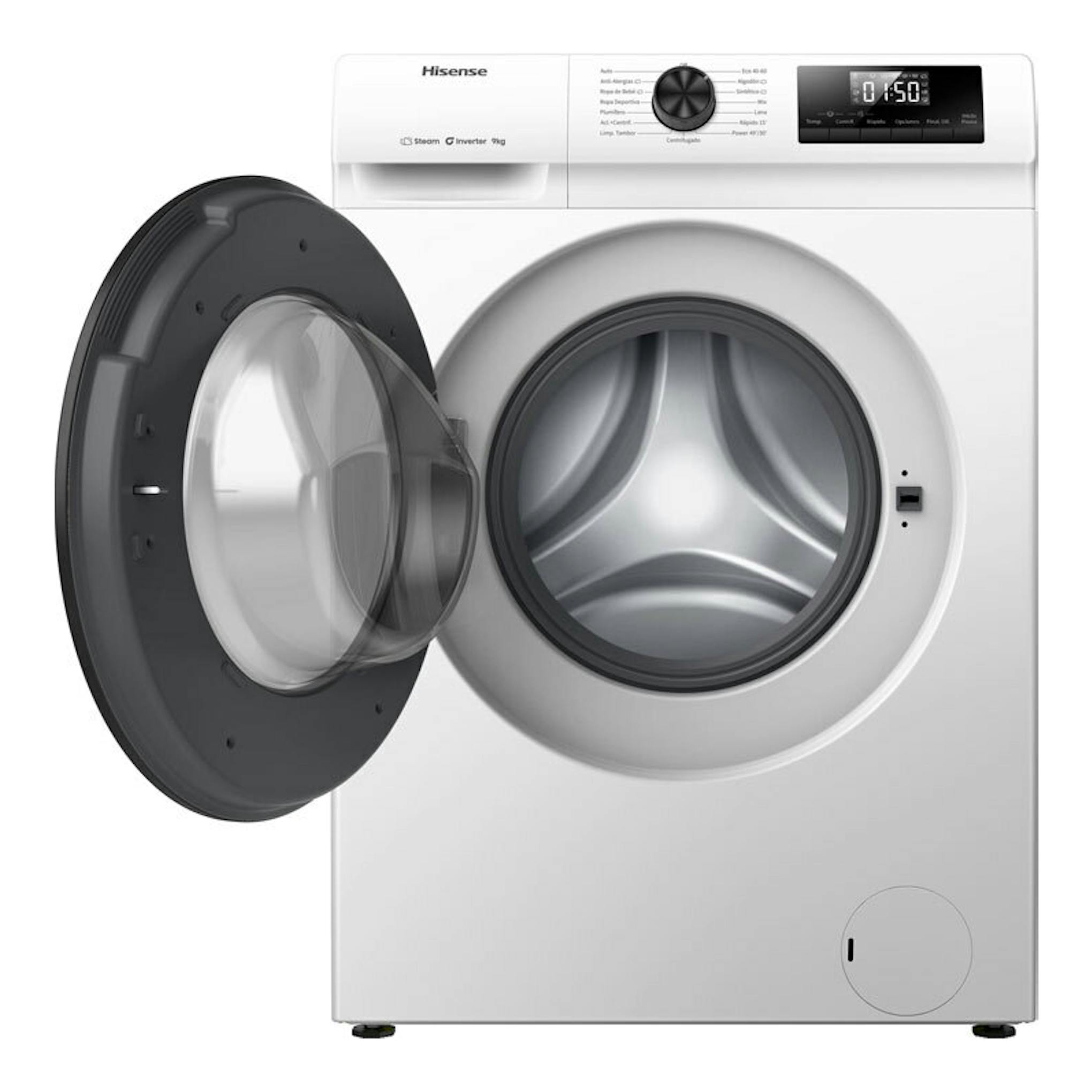 Lavadora Hisense WF1Q9041BW de 9 kg, blanca, vista frontal, con puerta abierta y panel digital negro.