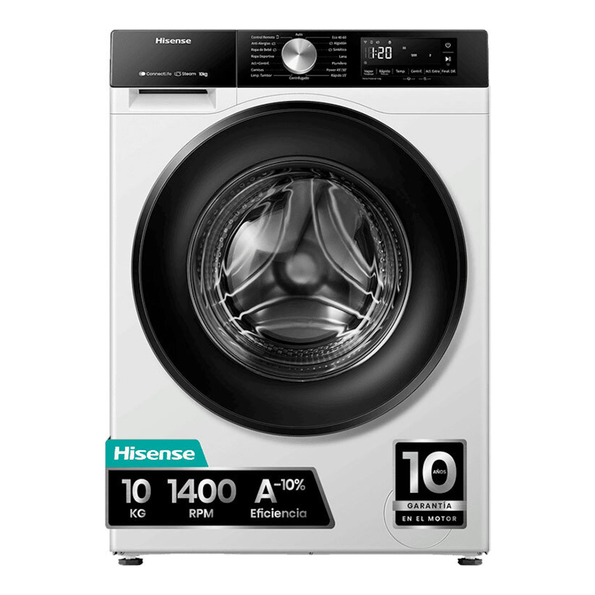 Lavadora de carga frontal Hisense WF3S1043BW1 blanca y negra, vista frontal, con capacidad 10 kg y puerta circular.