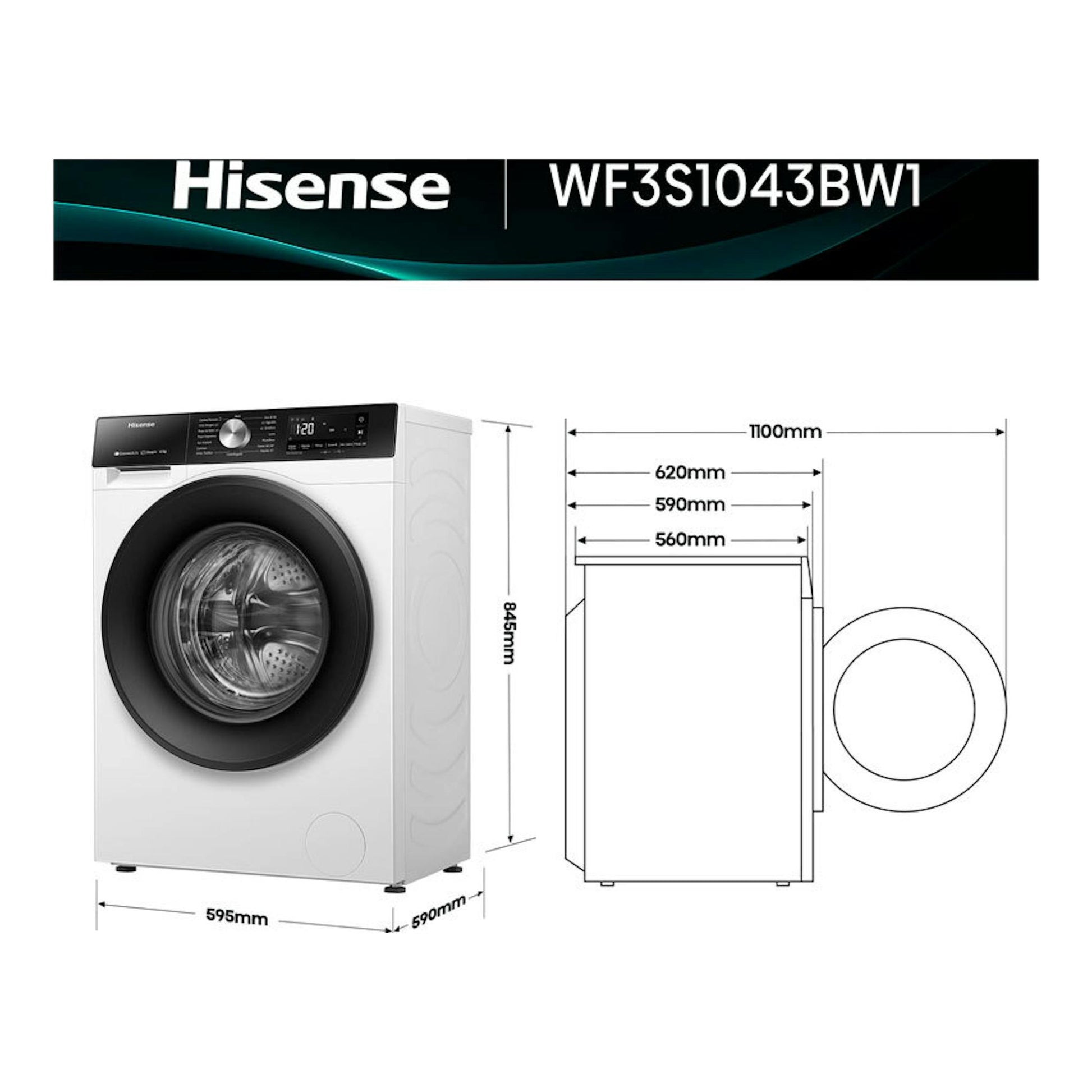 Lavadora frontal Hisense WF3S1043BW1 blanca, vista frontal y plano lateral con medidas.