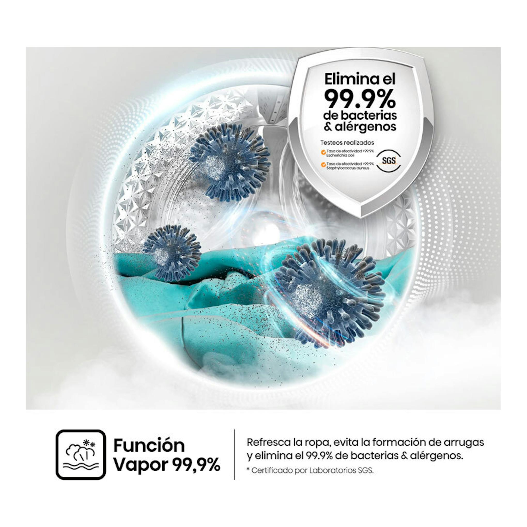 Ilustración promocional de lavadora Hisense WF3S1043BW1 con función vapor 99,9% y escudo antibacterias.
