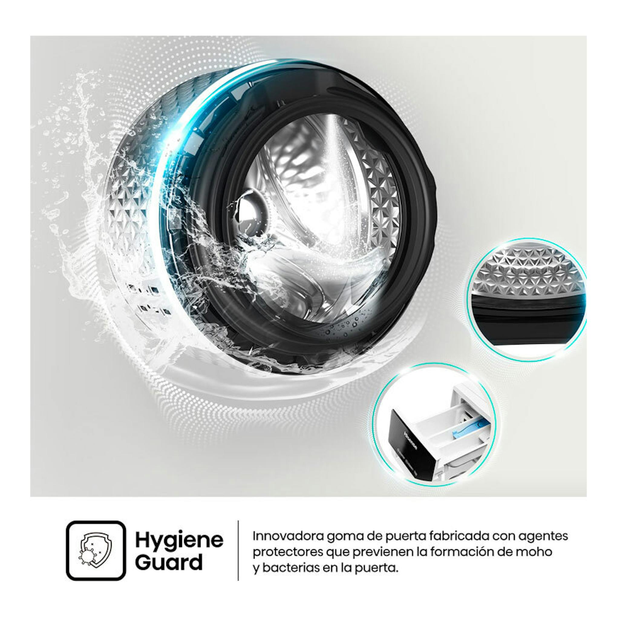 Hisense WF3S1043BW1: primer plano del tambor y puerta de lavadora frontal con texto Hygiene Guard.