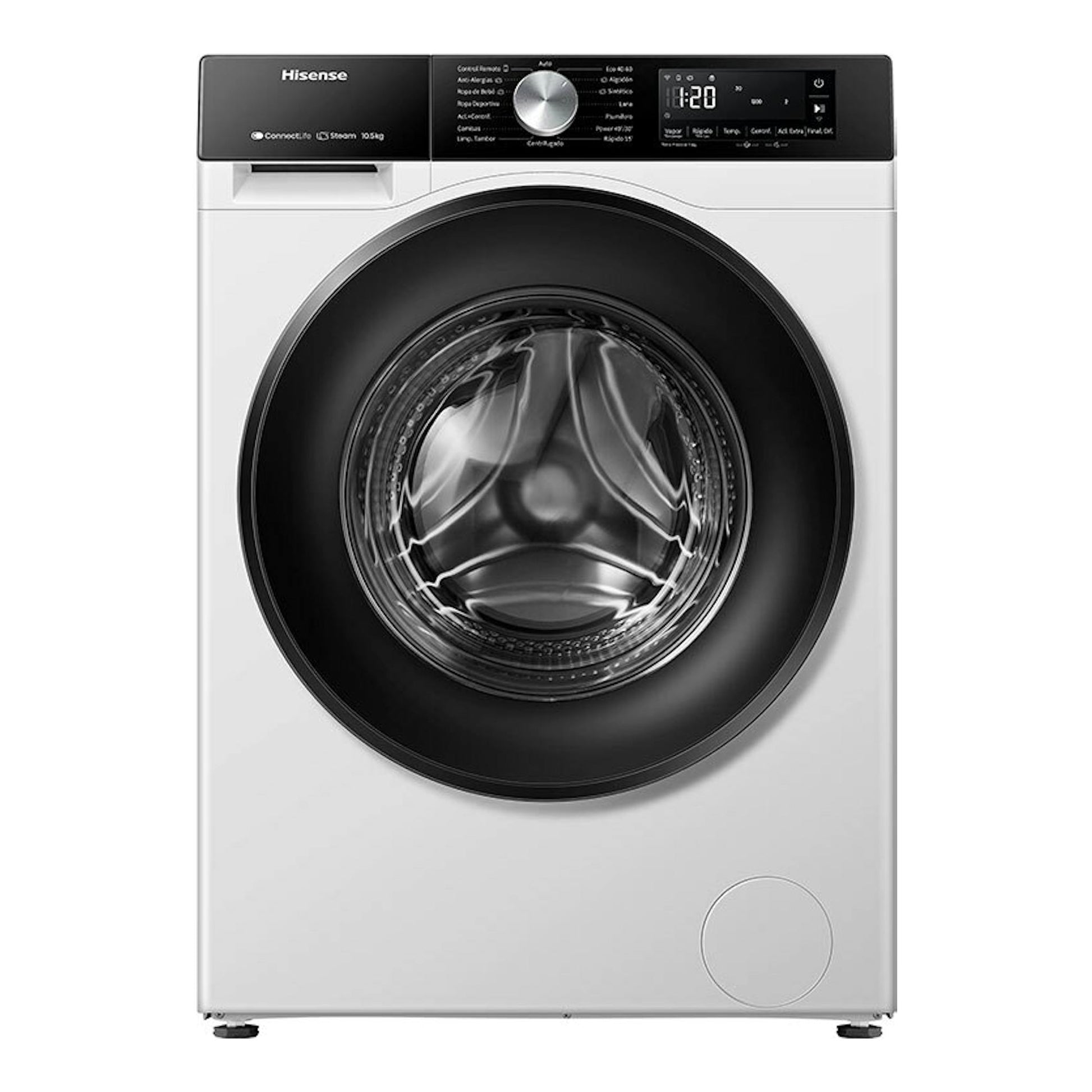 Lavadora Hisense WF3S1043BW3 blanca, vista frontal, con puerta negra circular y panel superior digital.