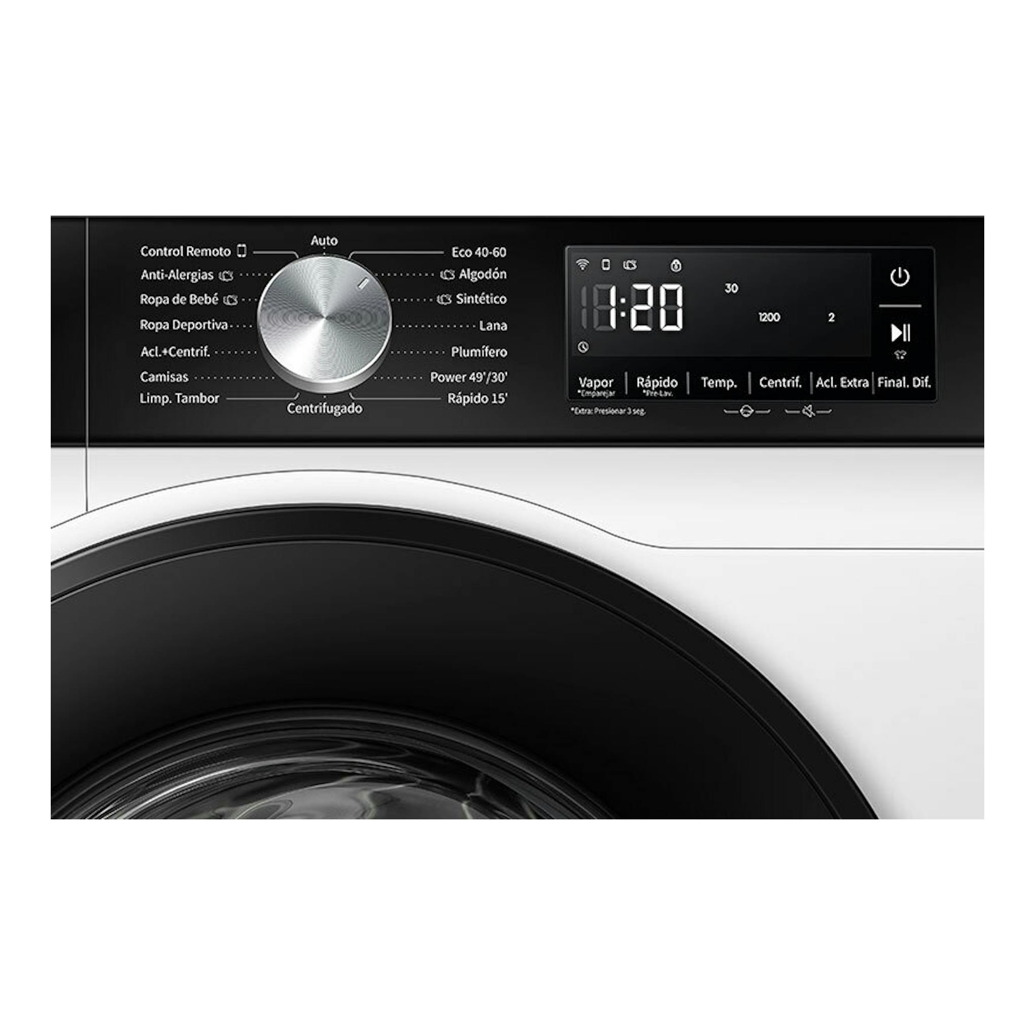 Lavadora Hisense WF3S1043BW3 blanca, vista frontal parcial con panel negro, dial central y pantalla digital.