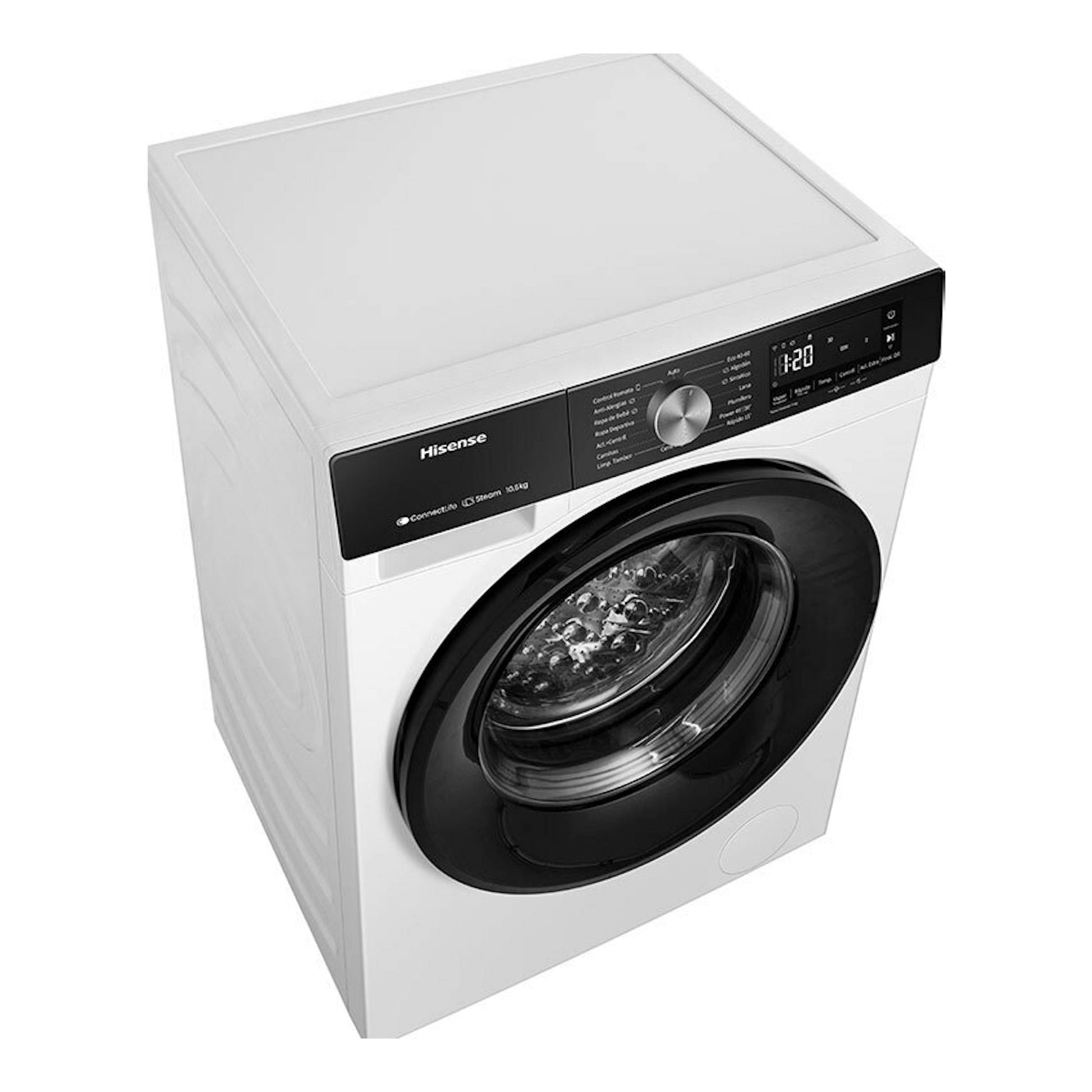 Lavadora Hisense WF3S1043BW3 blanca, vista frontal en ángulo, con puerta de carga frontal negra.