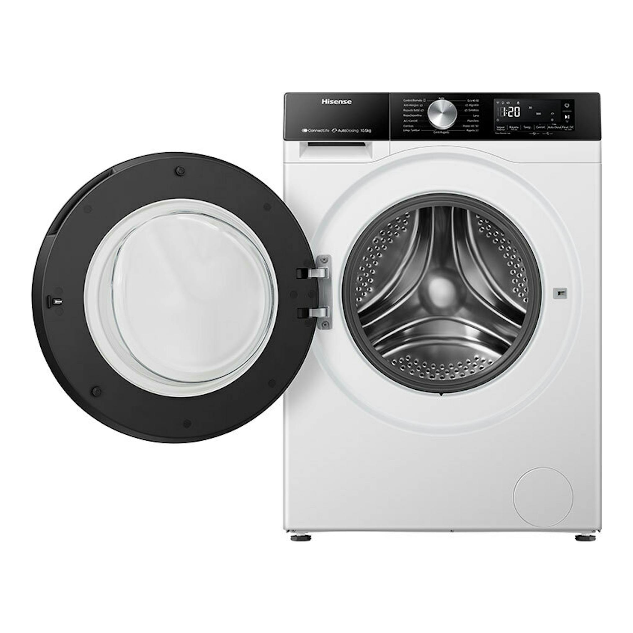 Lavadora frontal Hisense WF3S1045BW3 blanca, con puerta negra abierta y tambor visible, vista frontal.