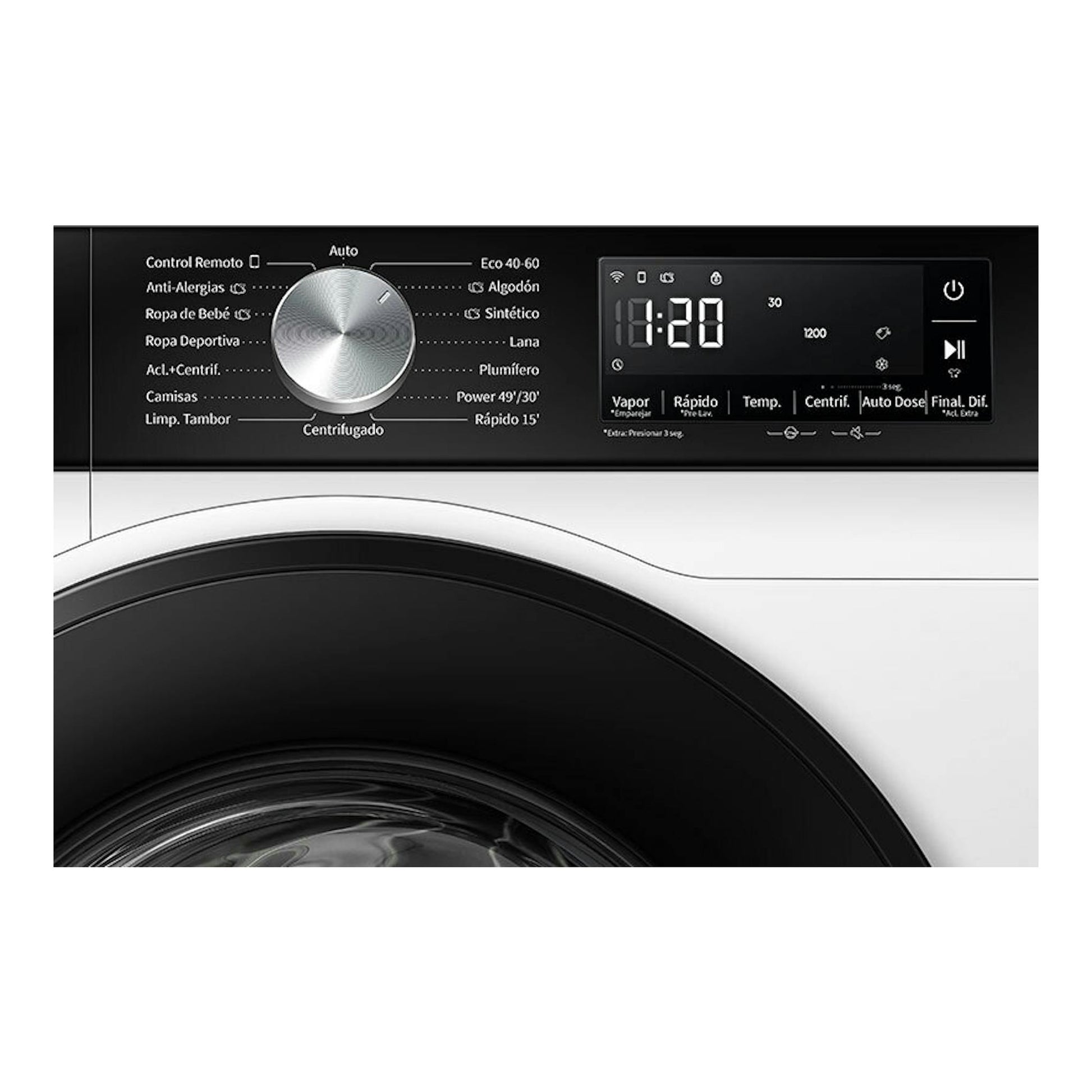 Lavadora Hisense WF3S1045BW3 blanca, vista frontal con panel digital y puerta negra.