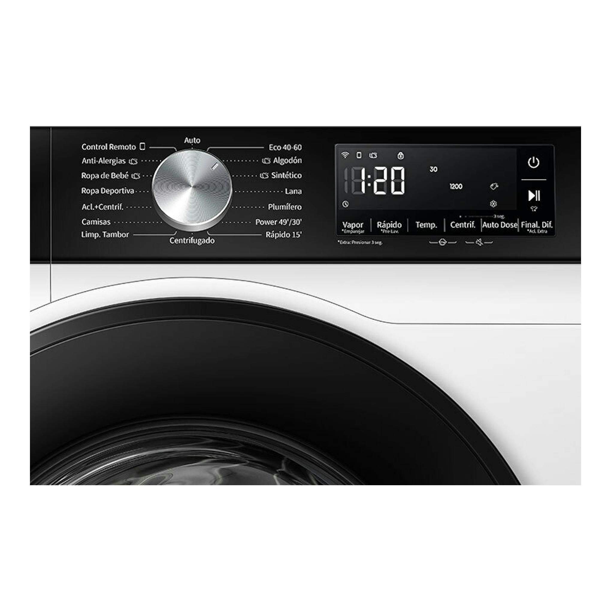 Lavadora Hisense WF3S1045BW3 blanca, vista frontal con panel digital y puerta negra.