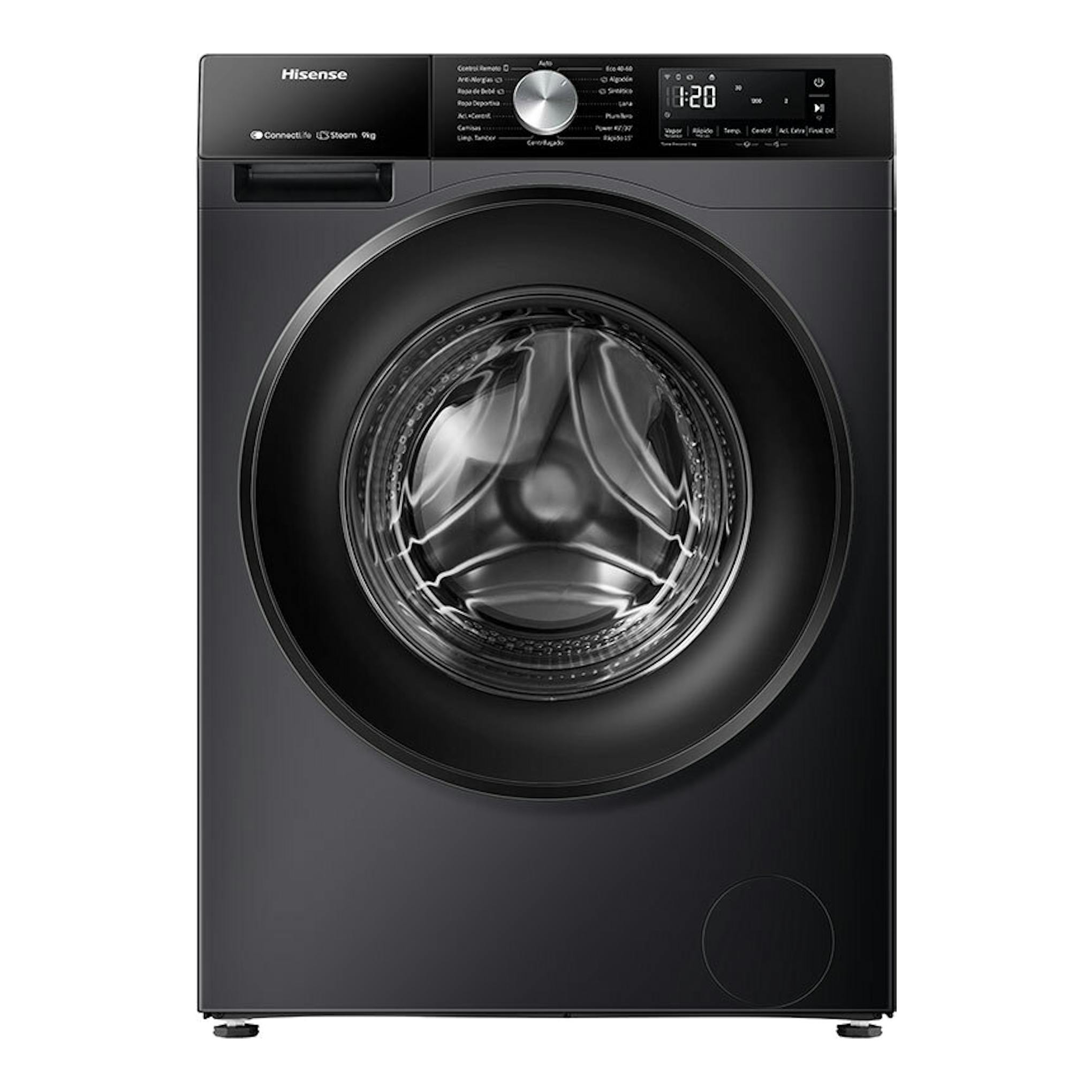 Lavadora Hisense WF3S9043BB3 negra de 9 kg, vista frontal, con puerta circular y panel digital.
