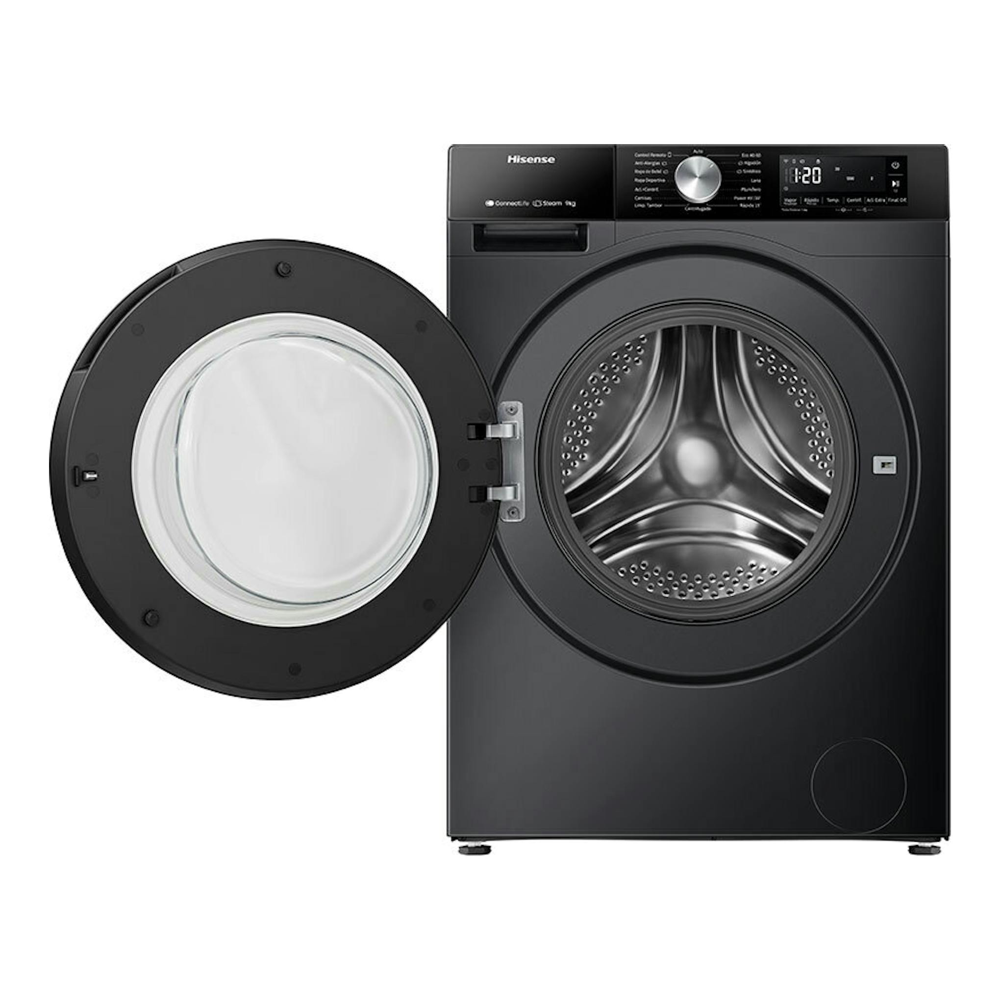 Lavadora Hisense WF3S9043BB3 negra, vista frontal, con puerta de carga frontal abierta.