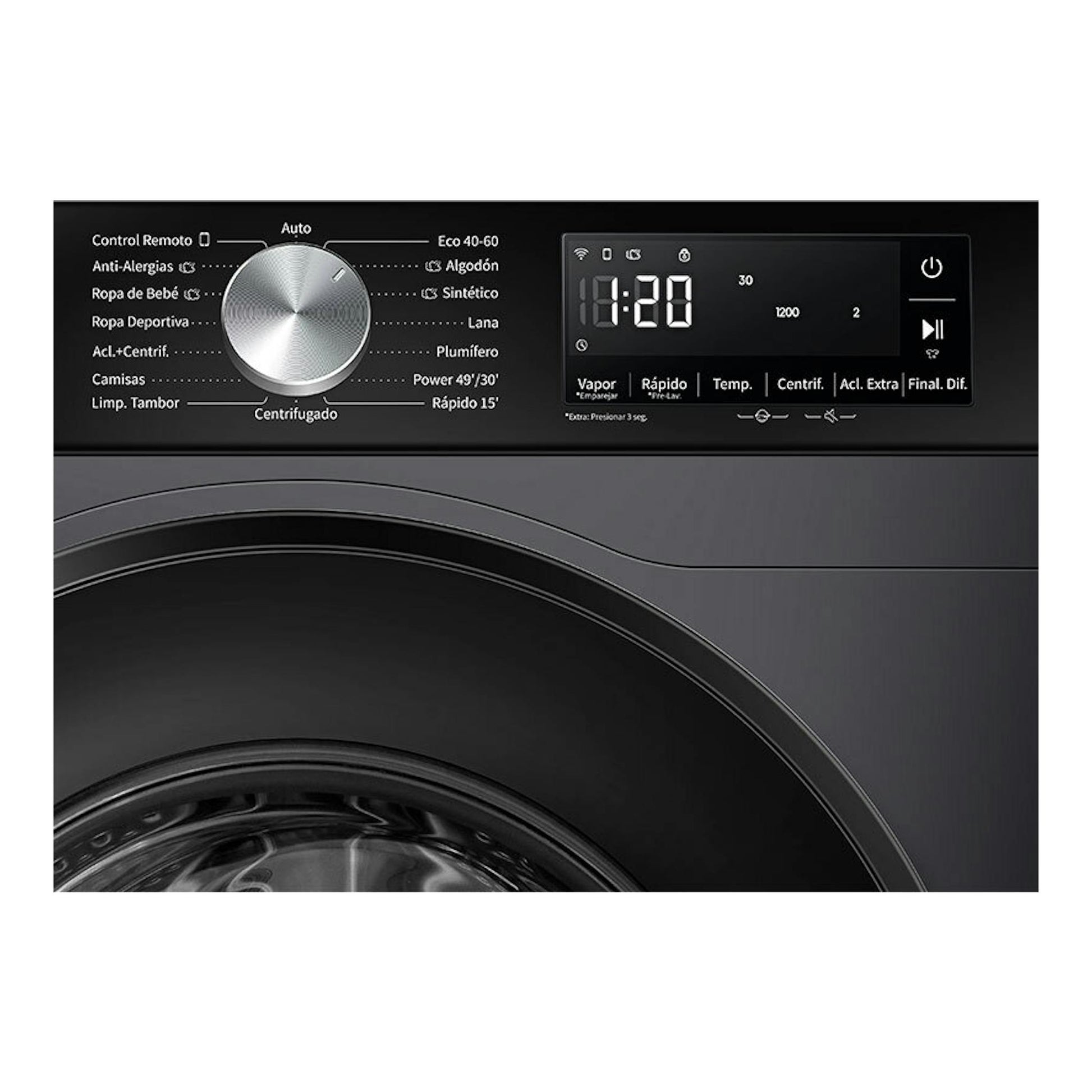 Lavadora Hisense WF3S9043BB3 negra, vista frontal parcial del panel de control y la puerta.
