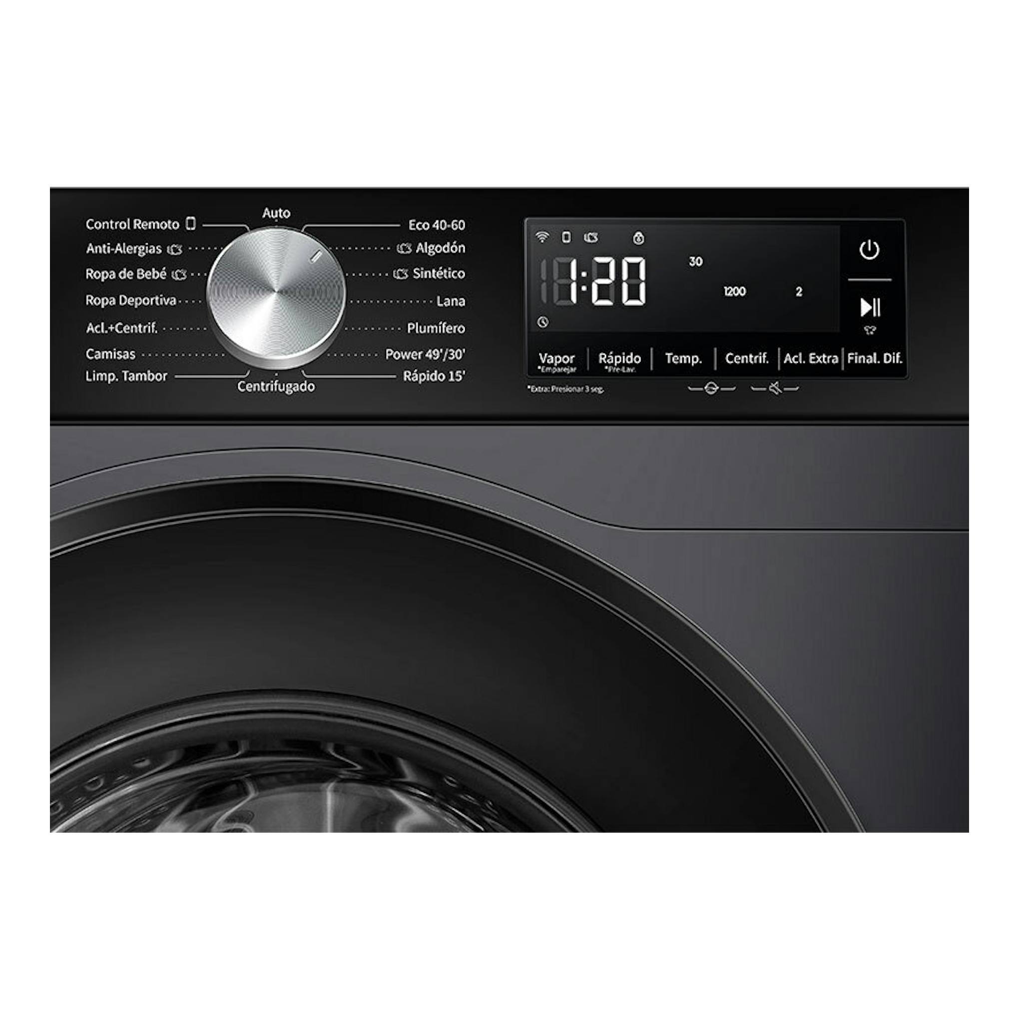 Lavadora Hisense WF3S9043BB3 negra, vista frontal parcial del panel de control y la puerta.