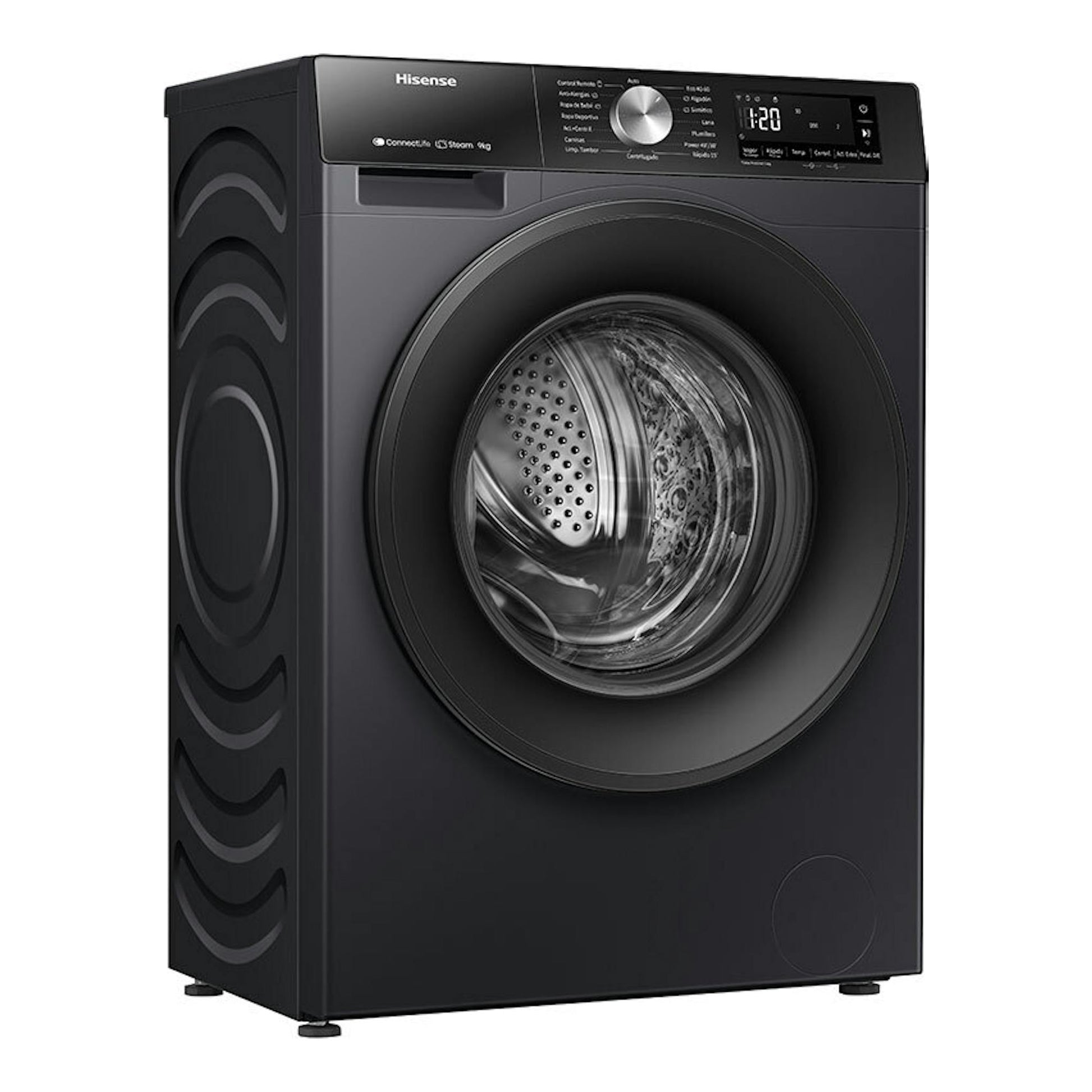 Lavadora frontal Hisense WF3S9043BB3 negra, vista en tres cuartos, con puerta circular y panel digital.