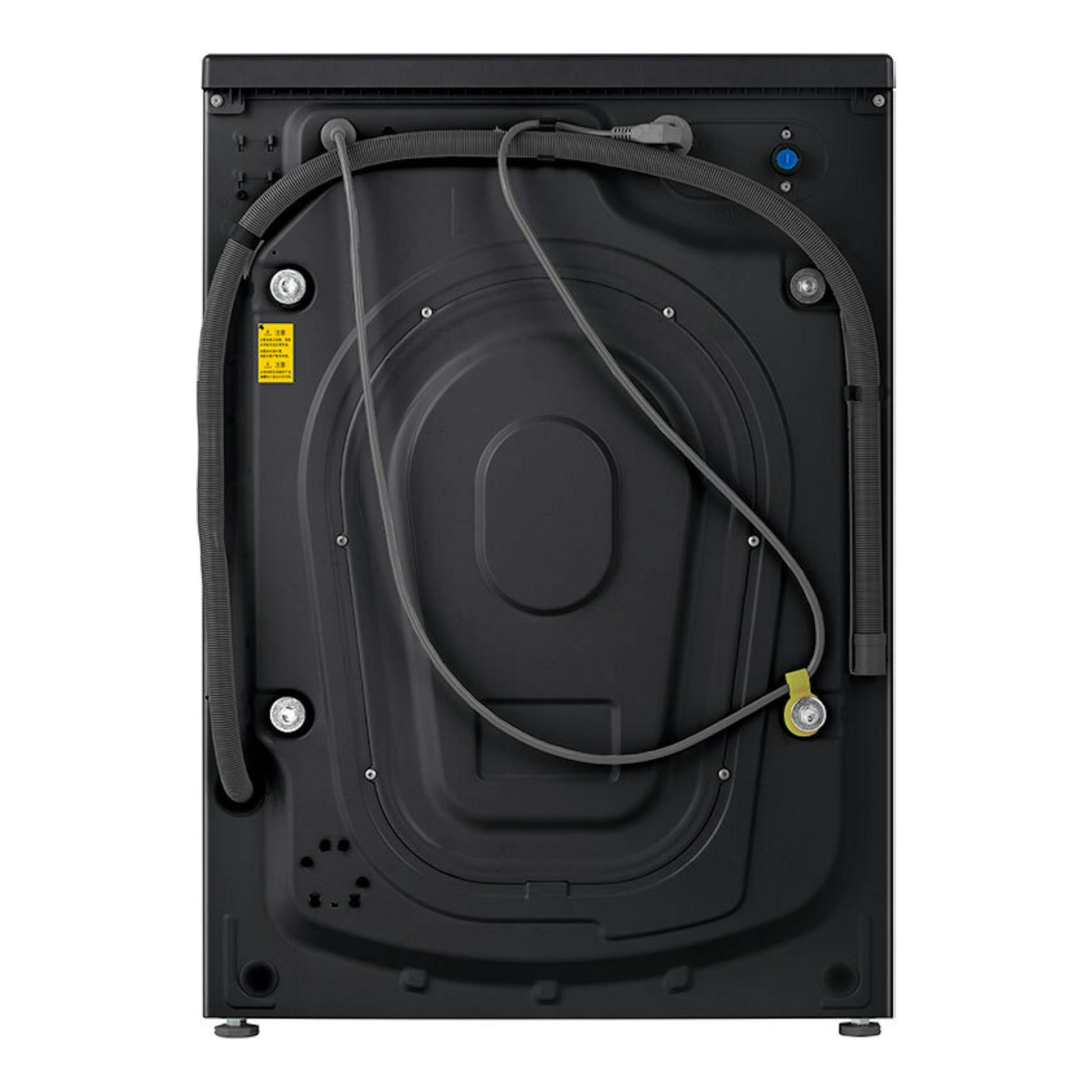 Lavadora Hisense WF3S9043BB3 negra, vista trasera, con mangueras y panel posterior visible.